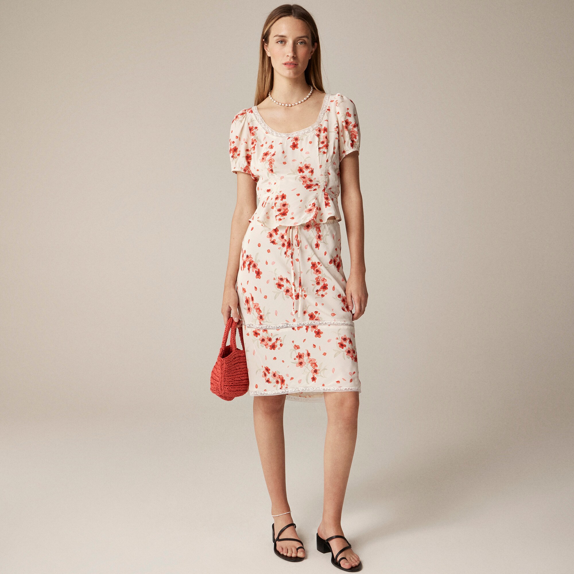 Jupe J.Crew Imprimé Floral Rouge Et Rose - Taille 12 - Coton Doublé - Style A-line Au-dessus Du Genou