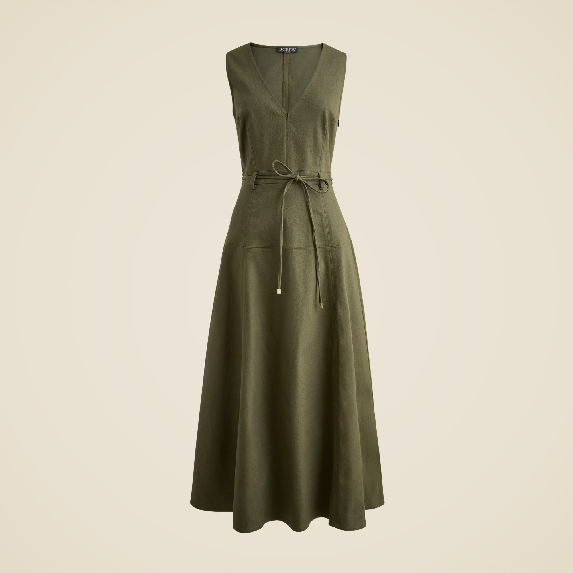 Seamed tie-waist dress in tailored twill