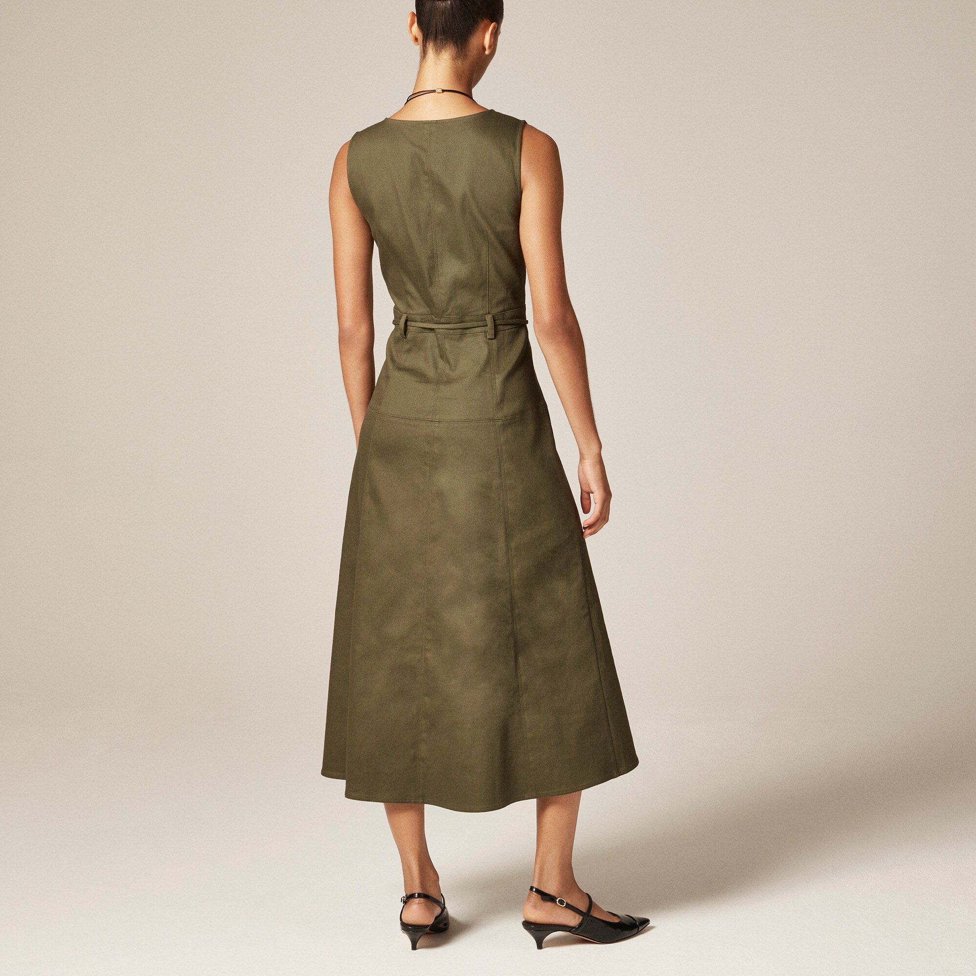 Seamed tie-waist dress in tailored twill