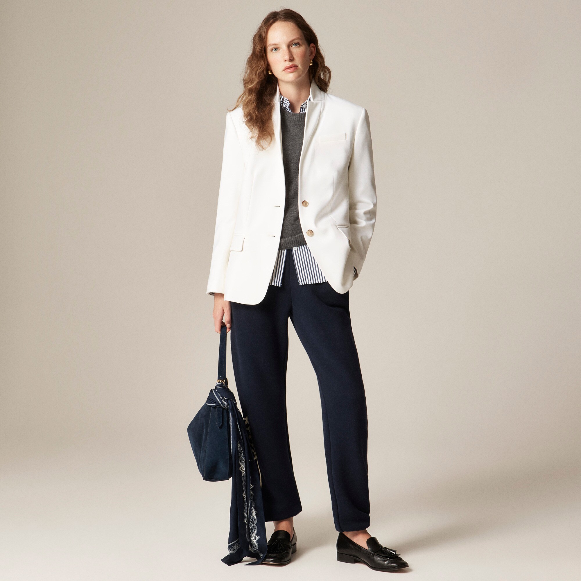Standing collar blazer in wool-blend flannel
