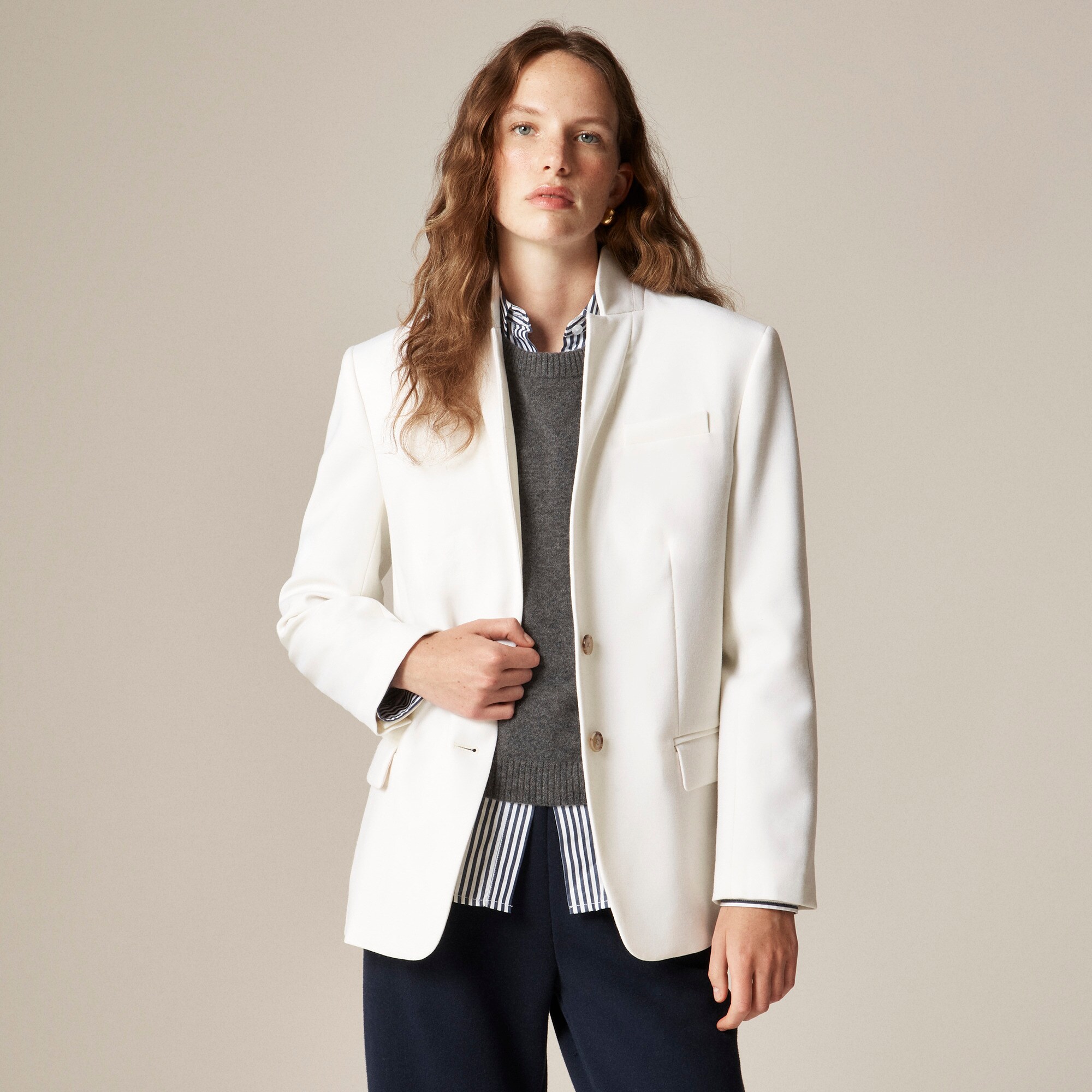 Standing collar blazer in wool-blend flannel
