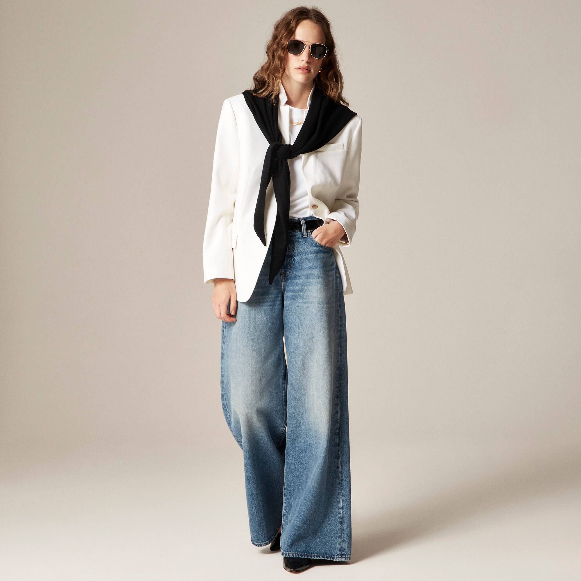  Standing collar blazer in wool-blend flannel