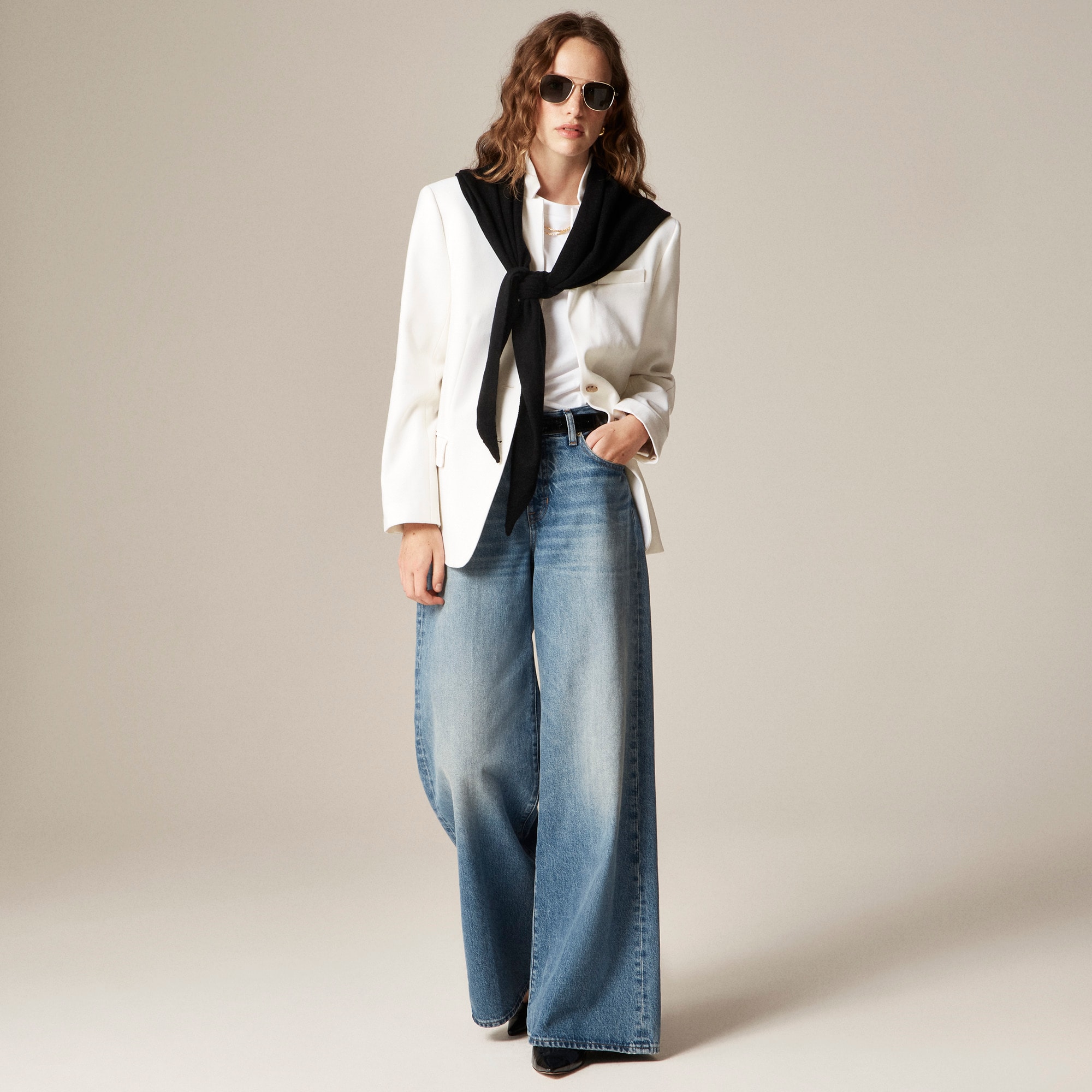 Standing collar blazer in wool-blend flannel