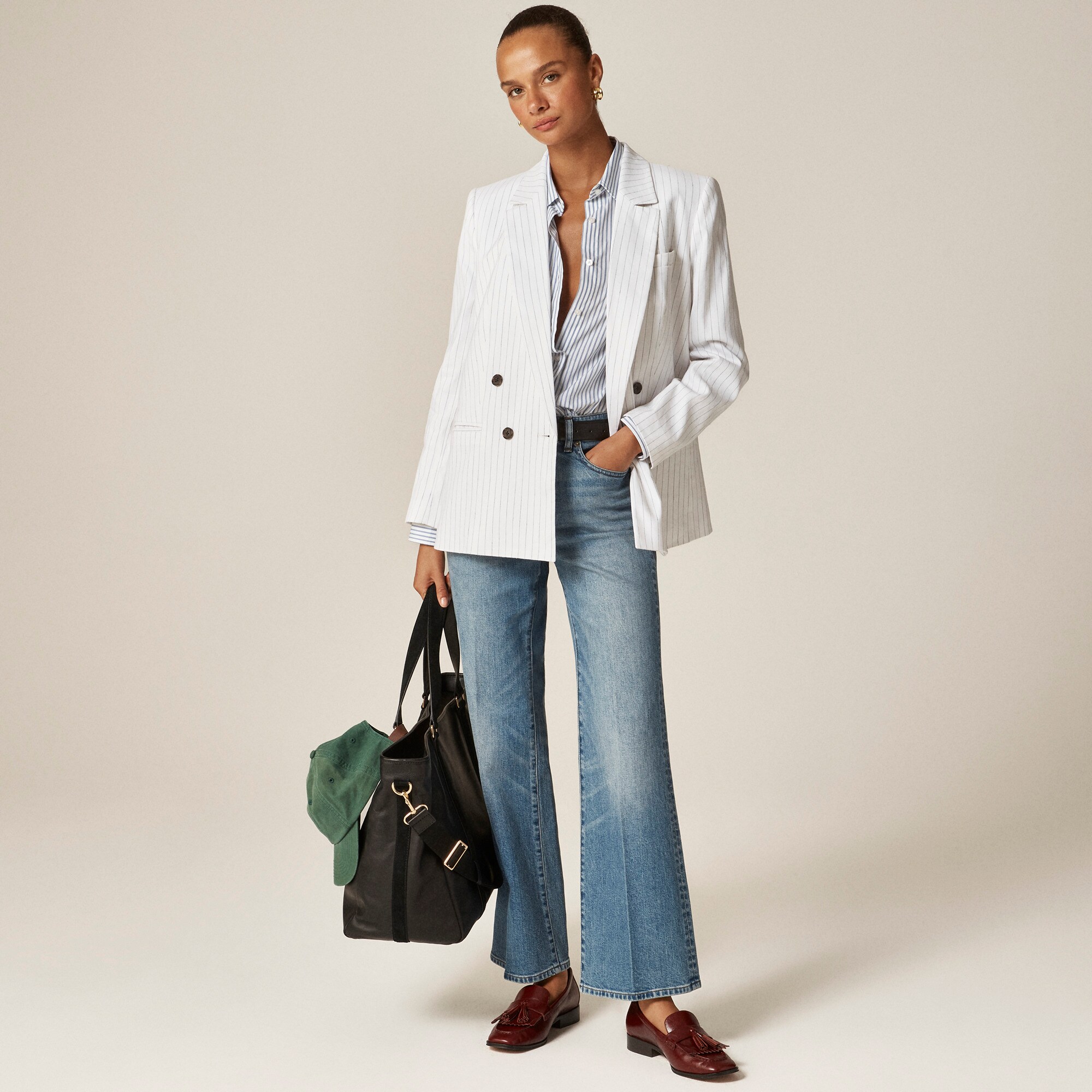Double-breasted Blazer In Pinstripe Linen-viscose Blend For Women