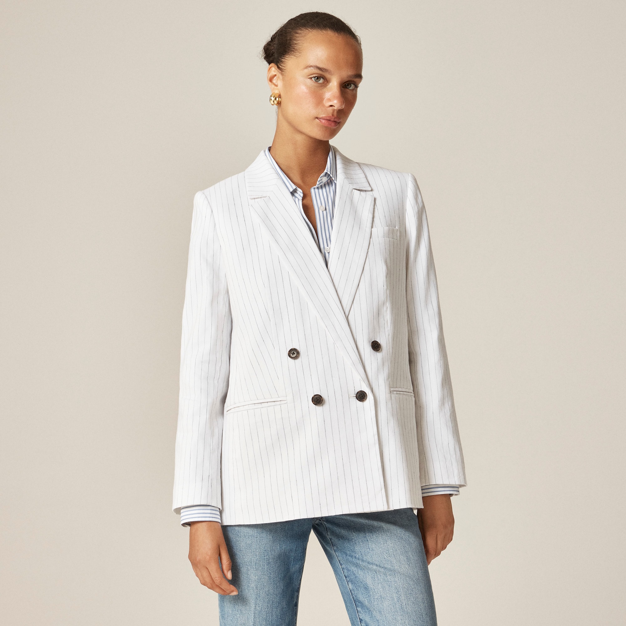 Double-breasted Blazer In Pinstripe Linen-viscose Blend For Women