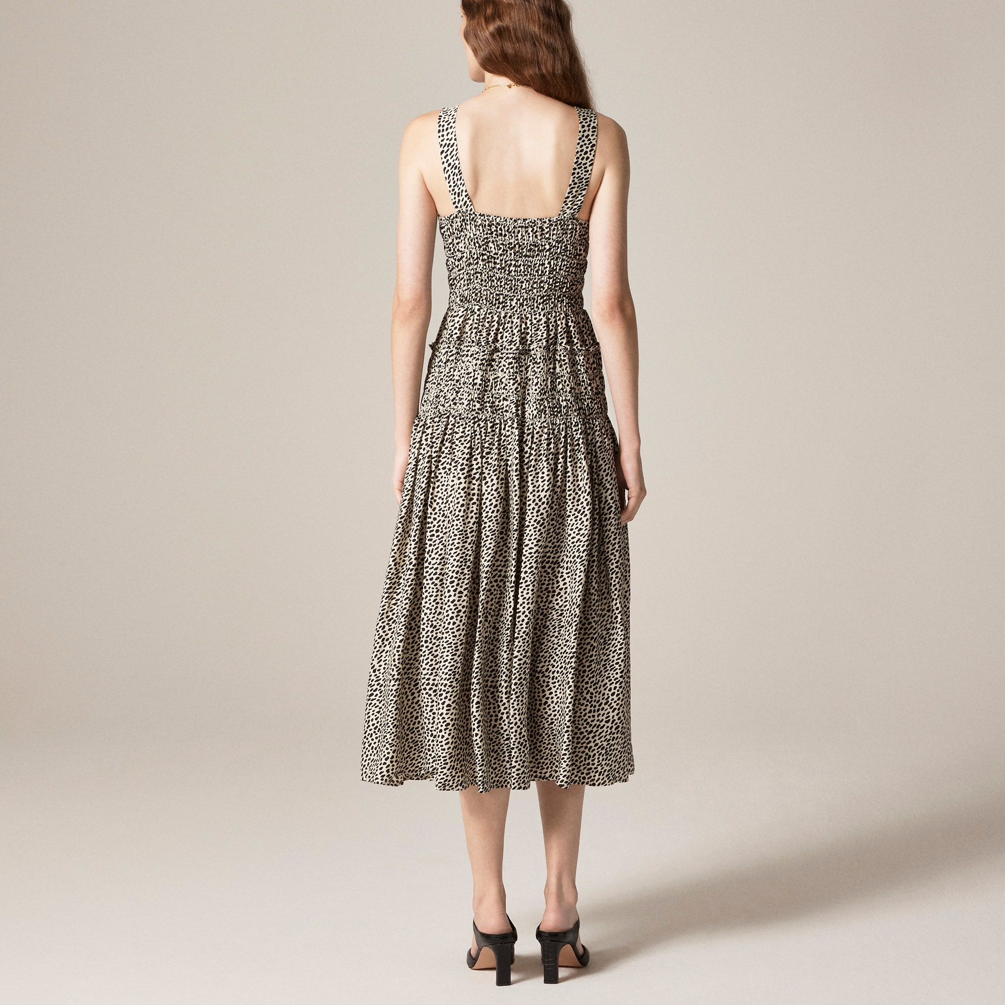 Smocked midi dress in spot print