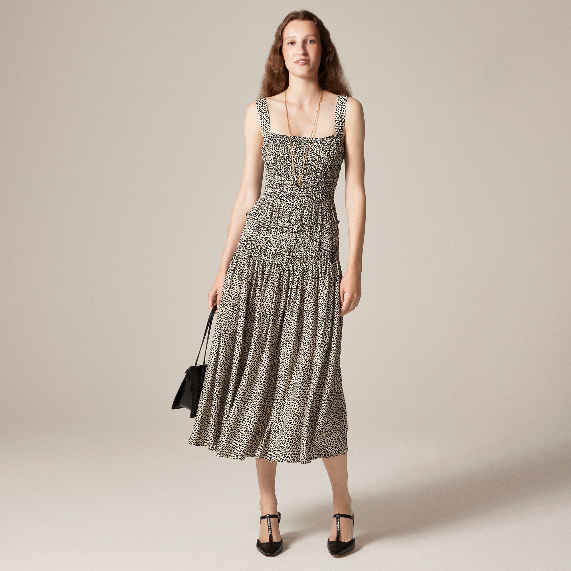 Smocked midi dress in spot print