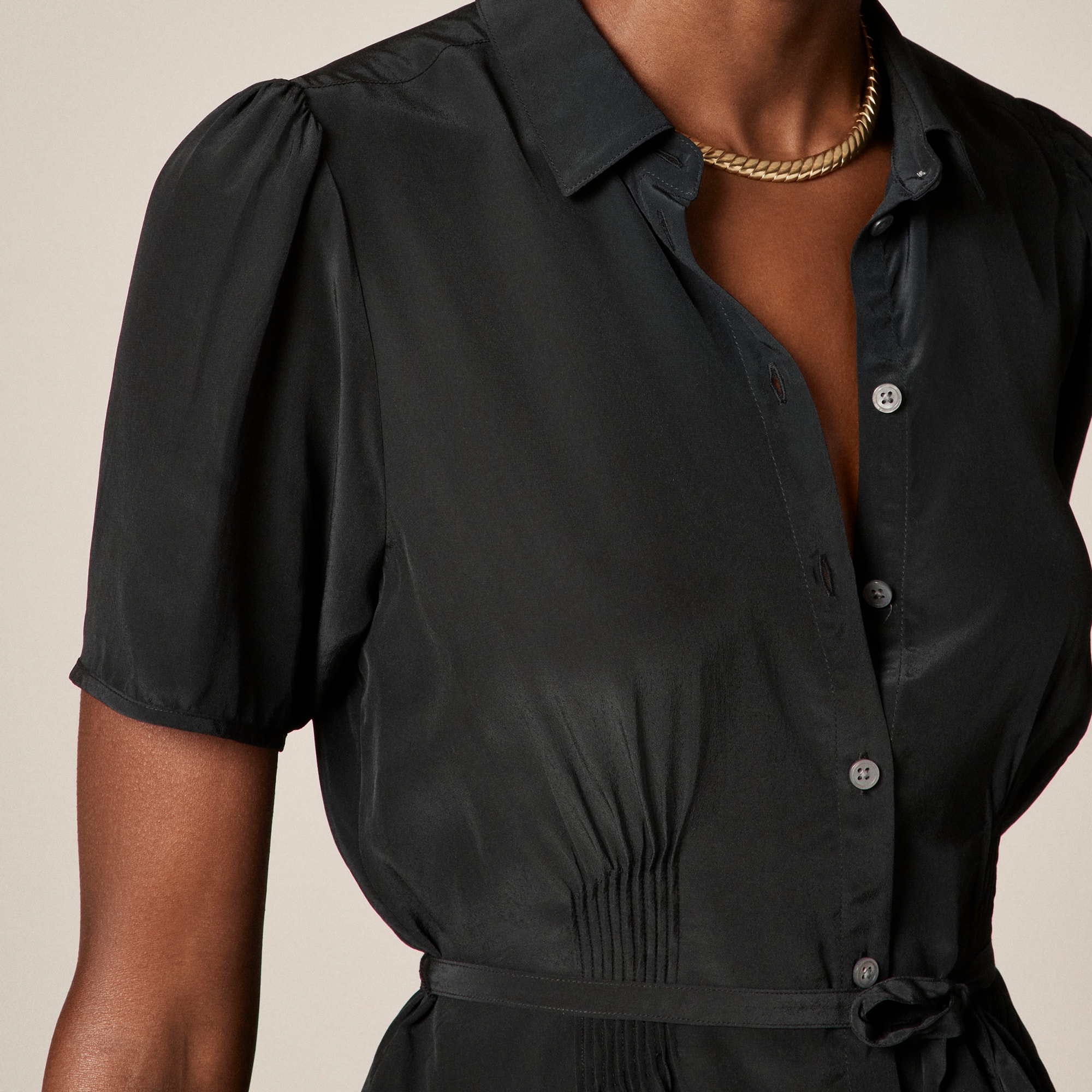 Button-up tie-waist shirt in crepe de chine