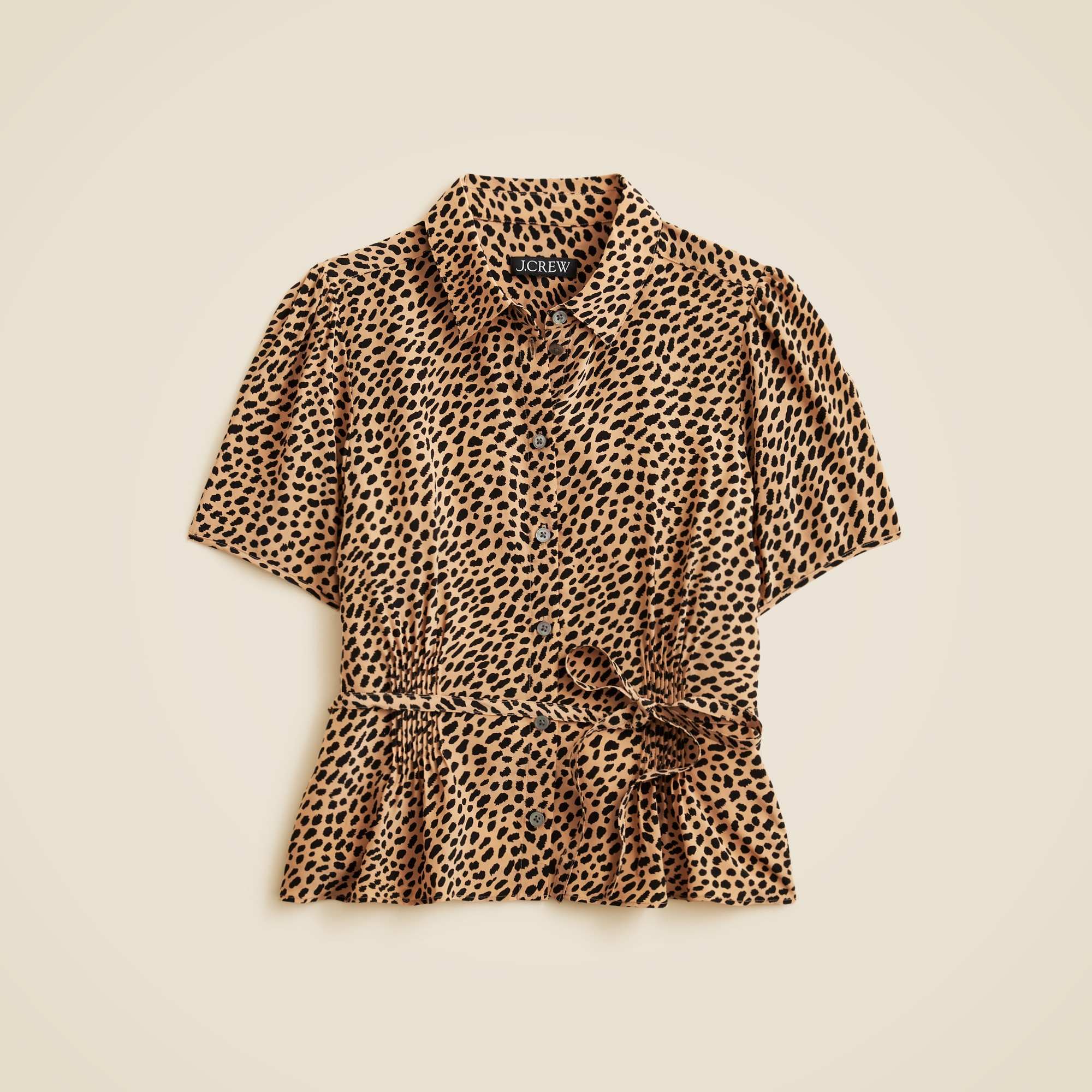 Button-up tie-waist shirt in leopard print