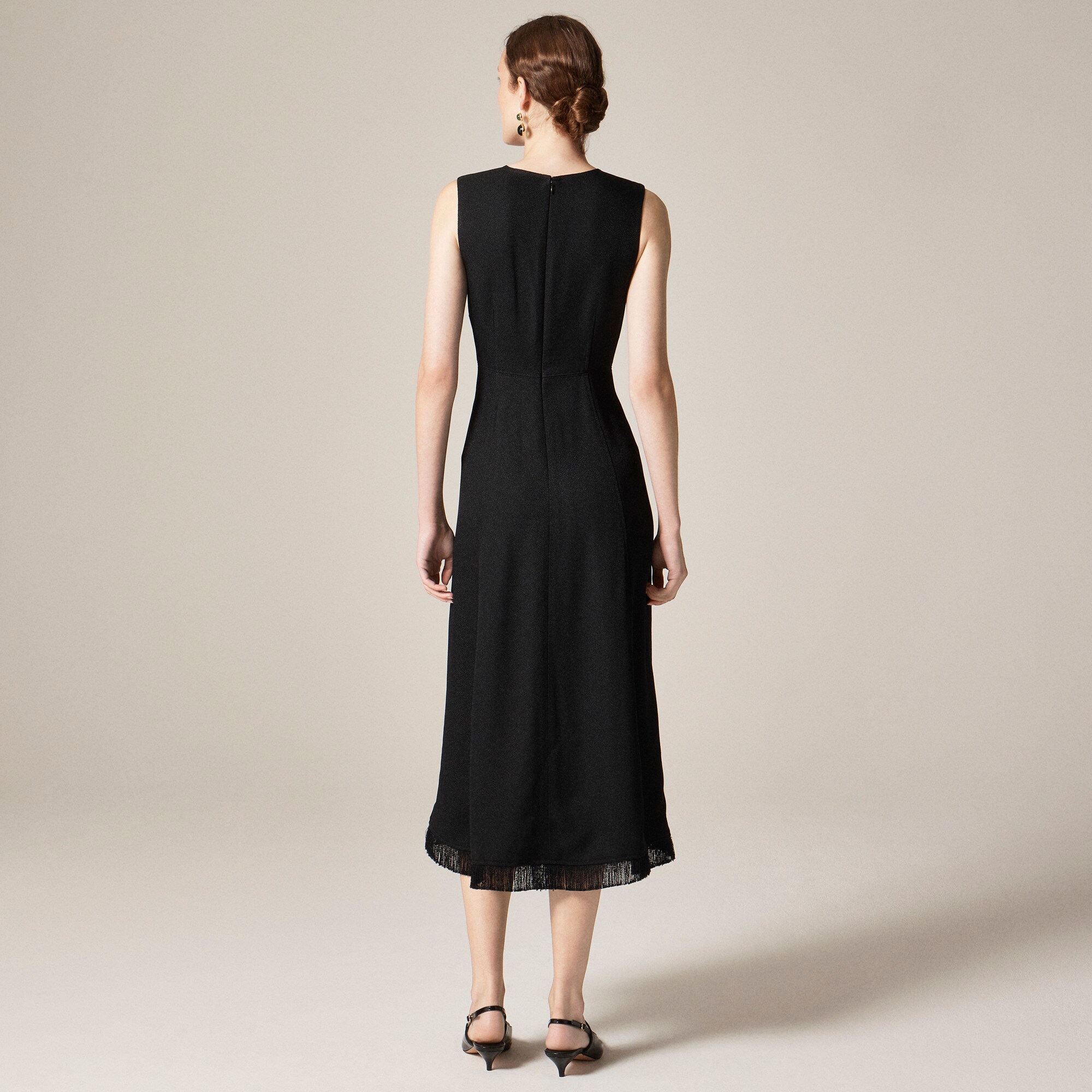 Fringe-trim midi dress in bouclé