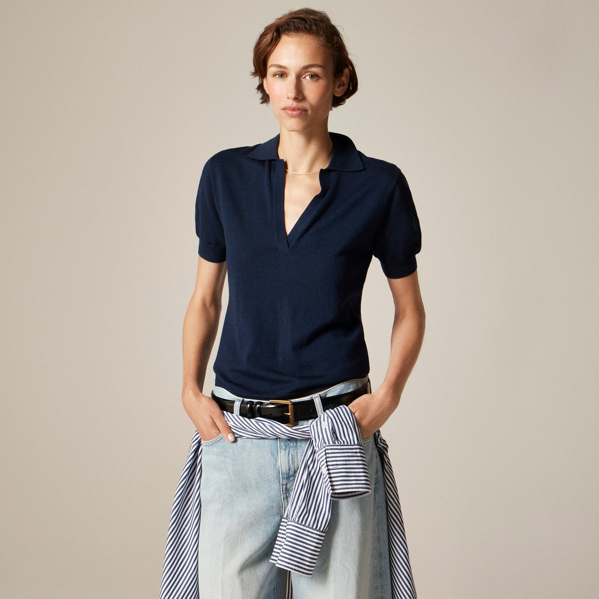 Short-sleeve sweater-polo in merino wool