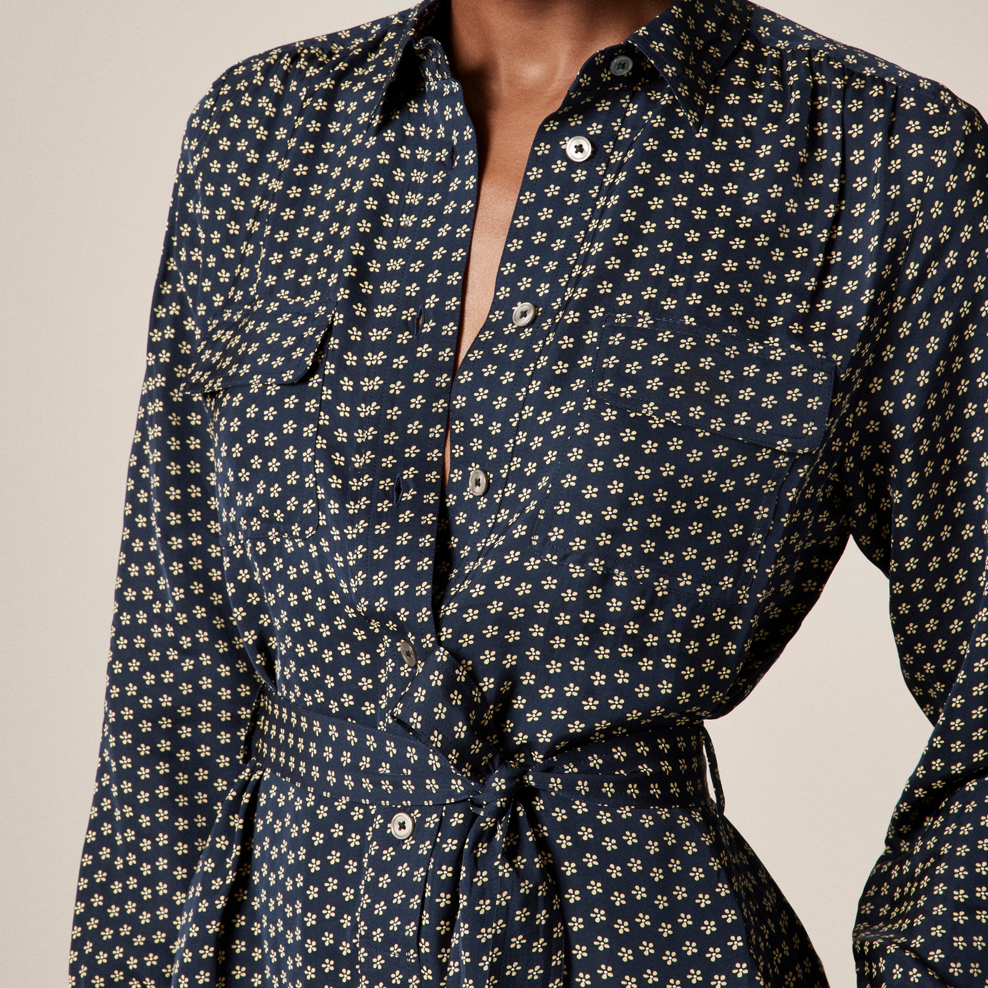 Tie-waist shirt-dress in ditsy floral print