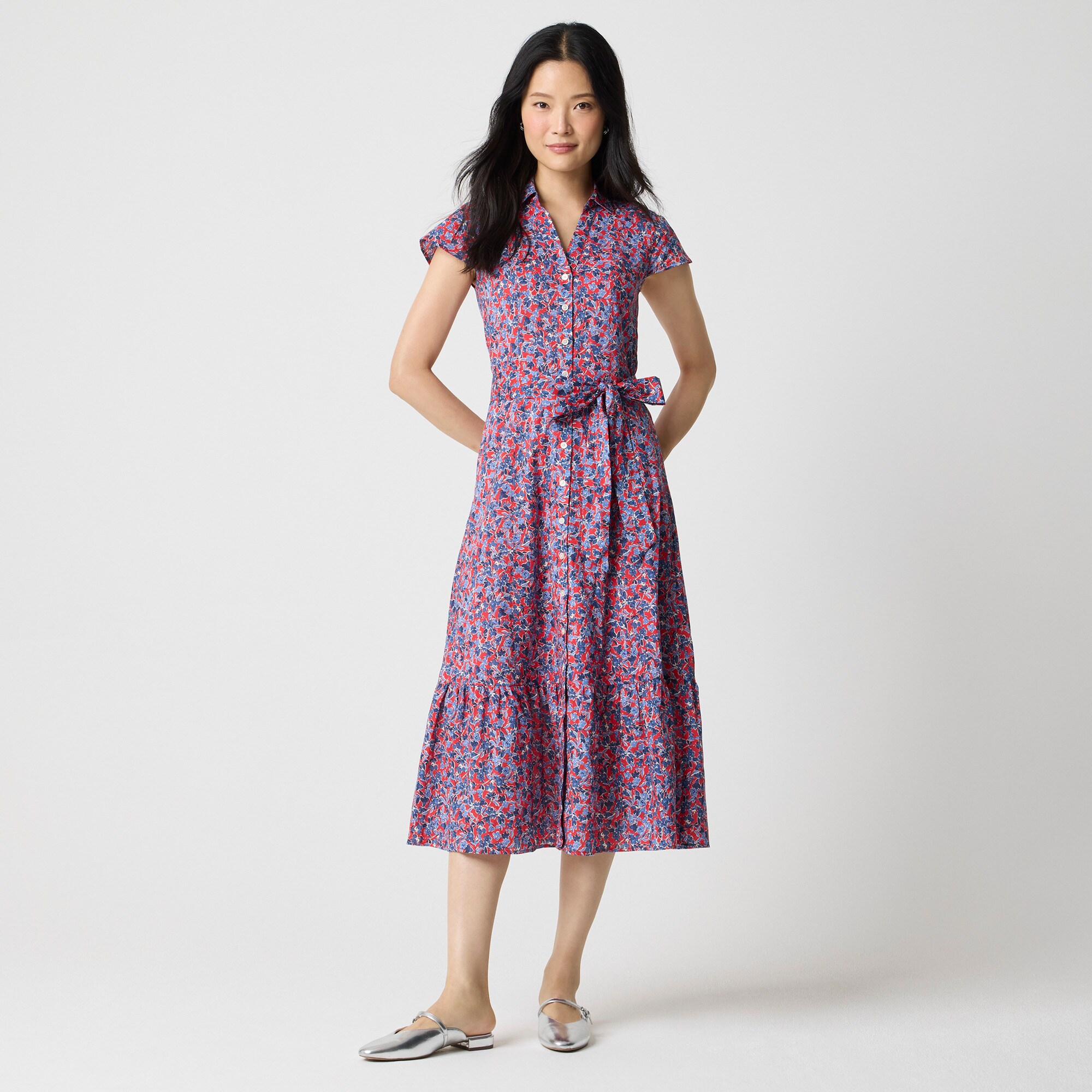 Printed tie-waist midi shirt-dress