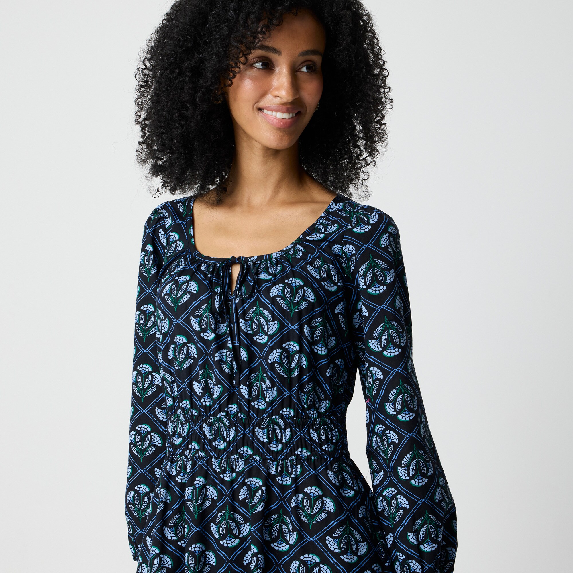 Long-sleeve smocked waist poplin dress