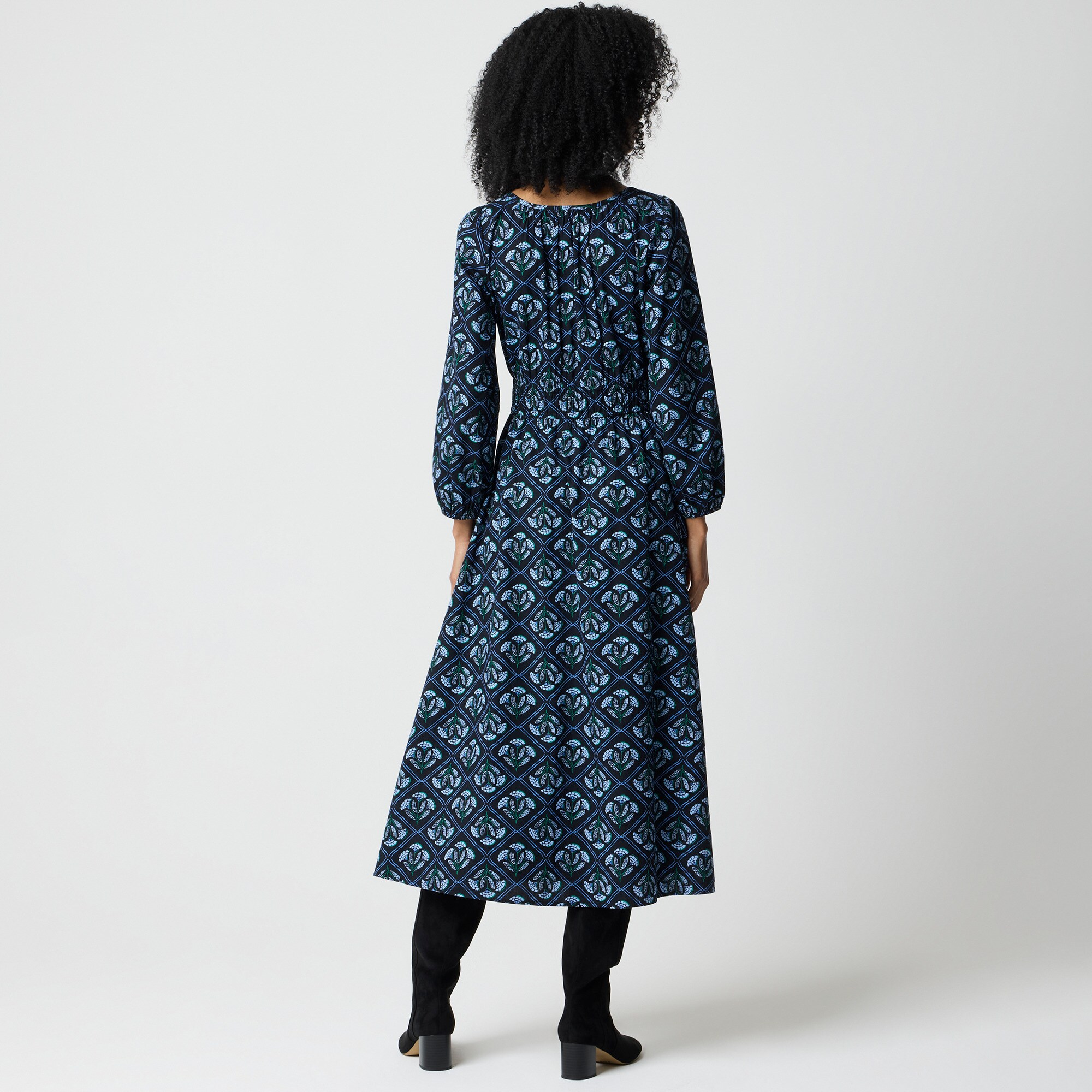 Long-sleeve smocked waist poplin dress