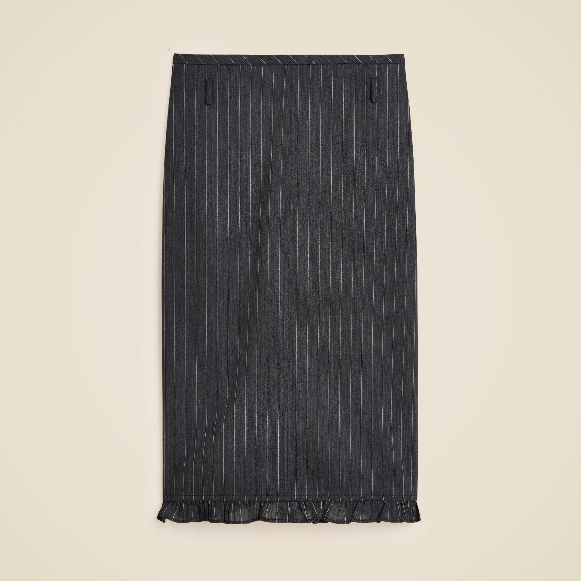 Ruffle-trim pencil midi skirt in pinstripe wool blend