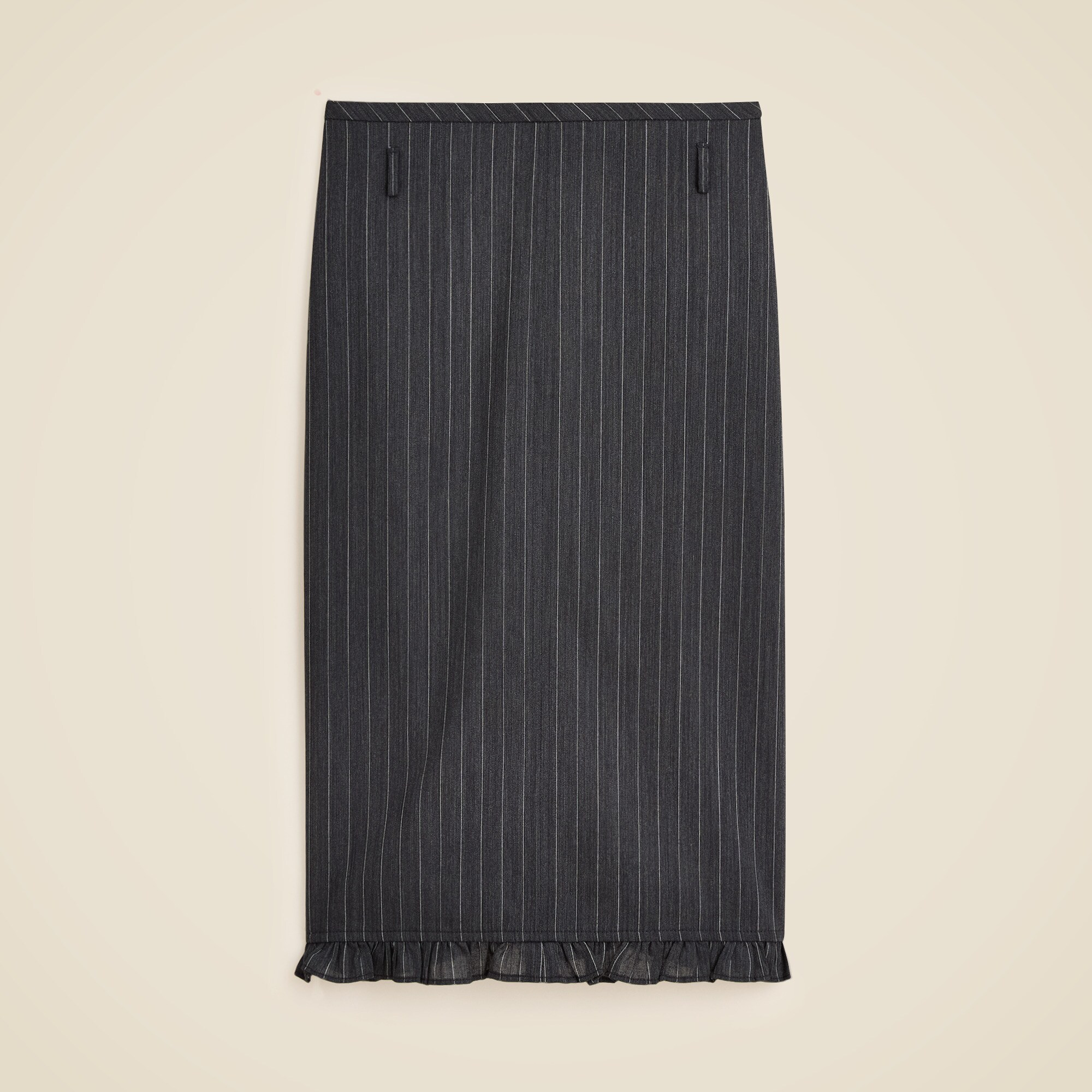 Ruffle-trim pencil midi skirt in pinstripe wool blend