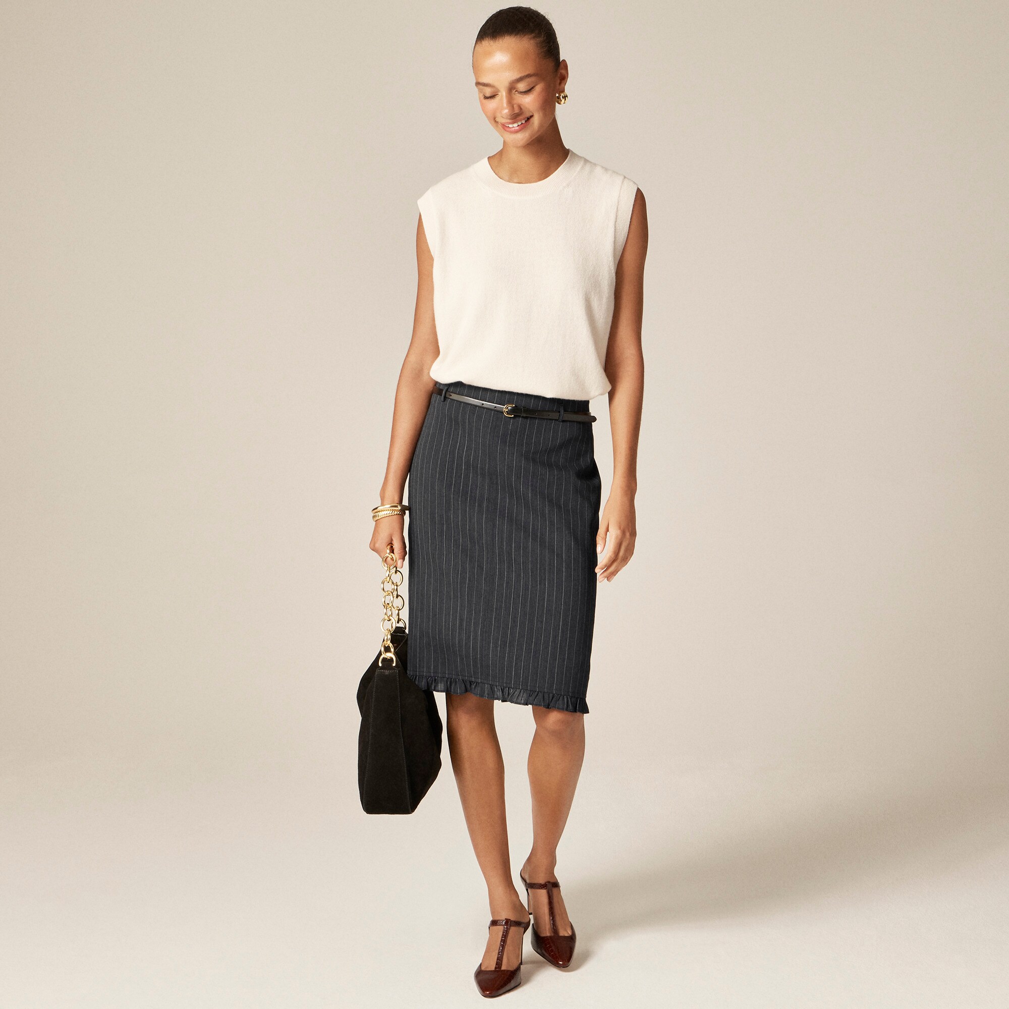 Ruffle-trim Pencil Midi Skirt In Pinstripe Wool Blend For Women