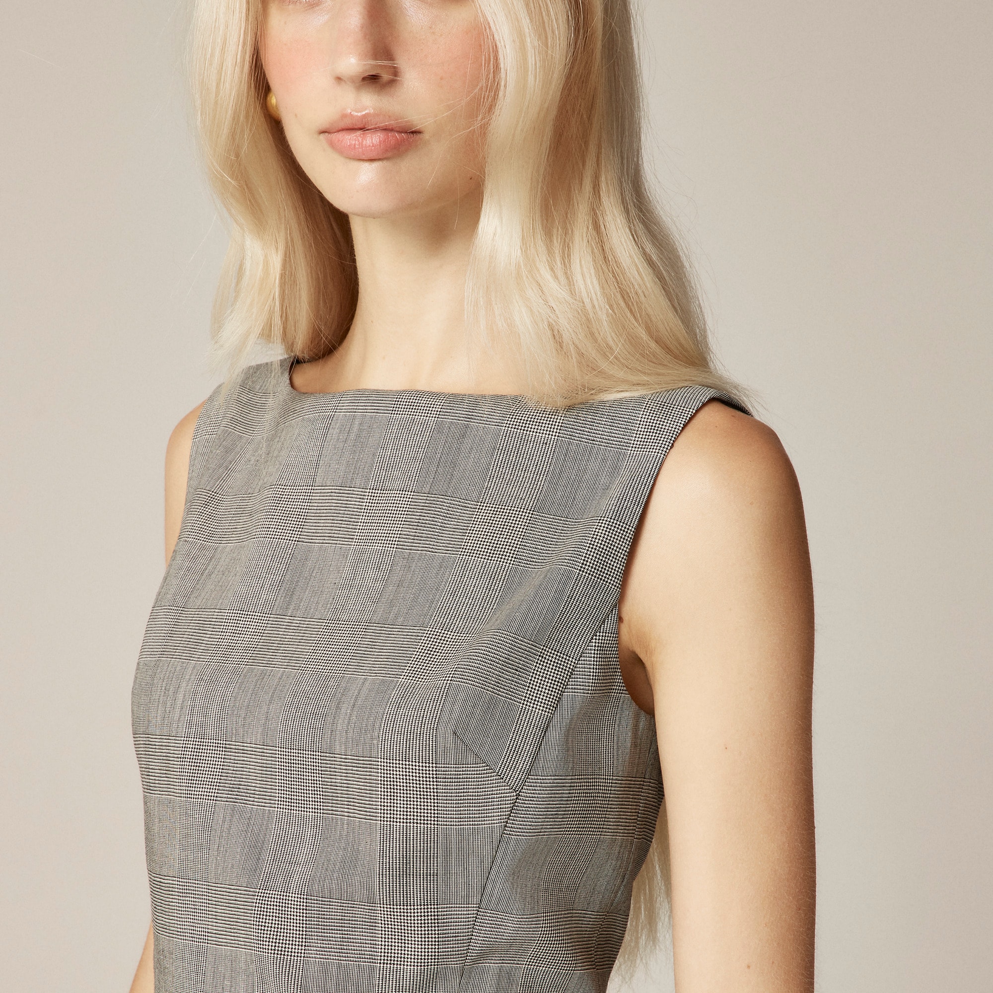 Seamed shift dress in glen plaid Italian gauzy wool blend