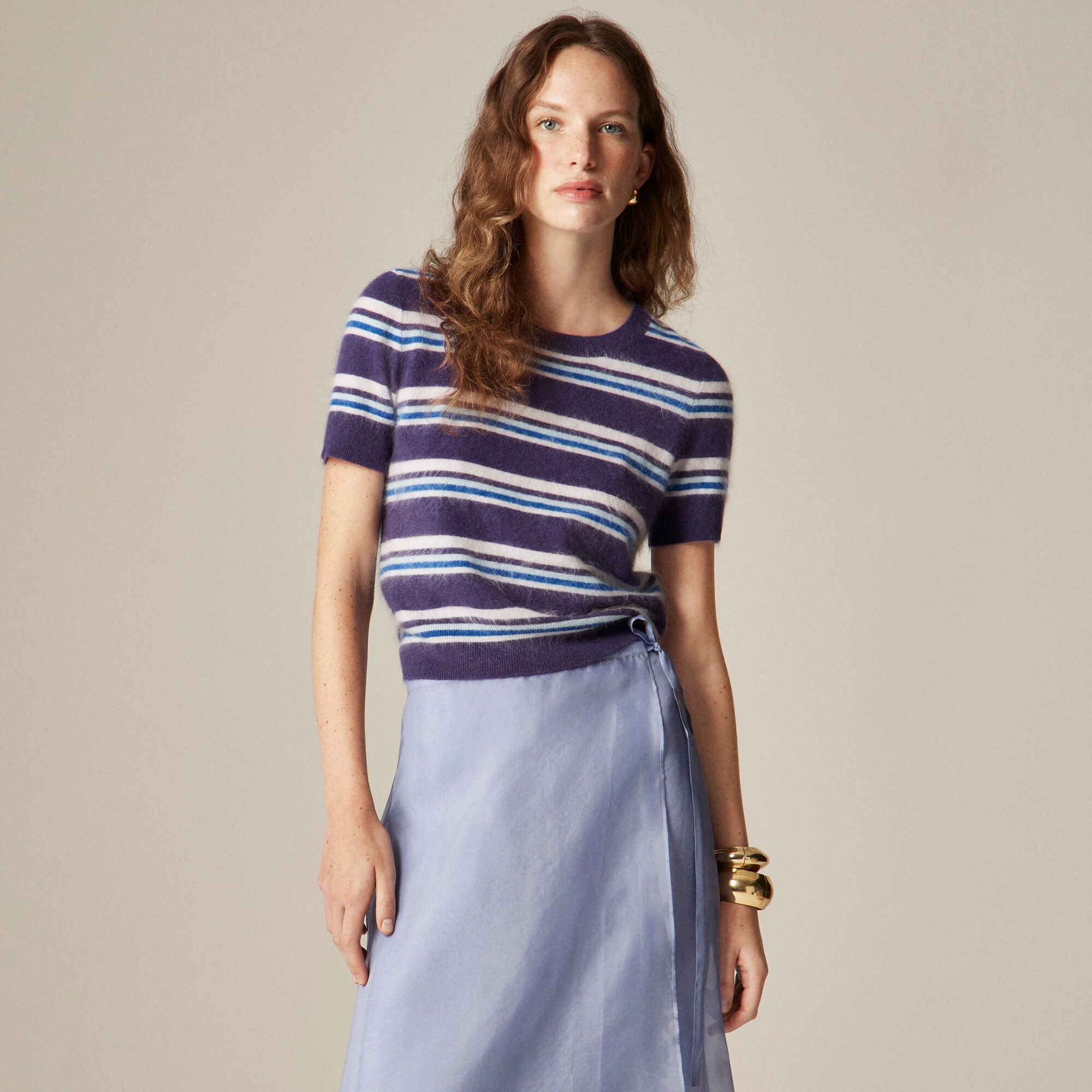  Brushed cashmere relaxed T-shirt in stripe