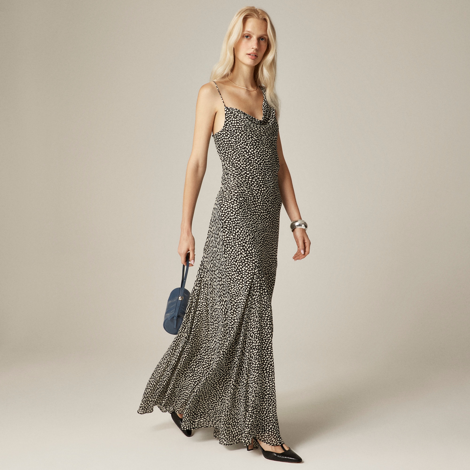 Collection asymmetrical cowlneck dress in spot-print chiffon