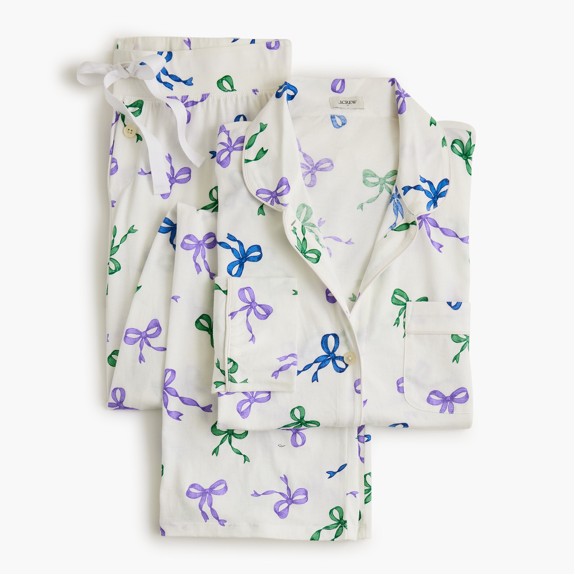 long-sleeve knit bow pajama set for women