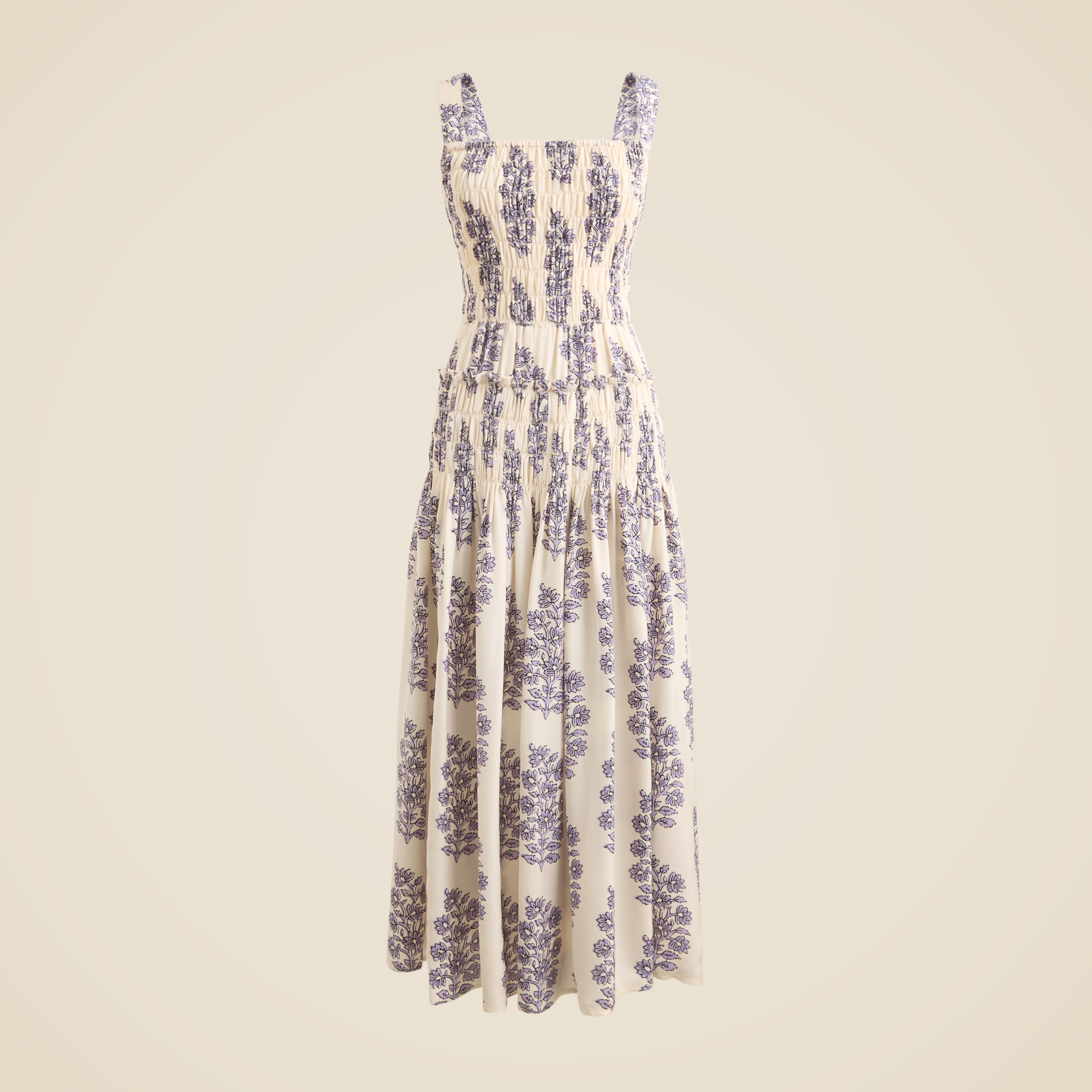Smocked-bodice midi dress in block print