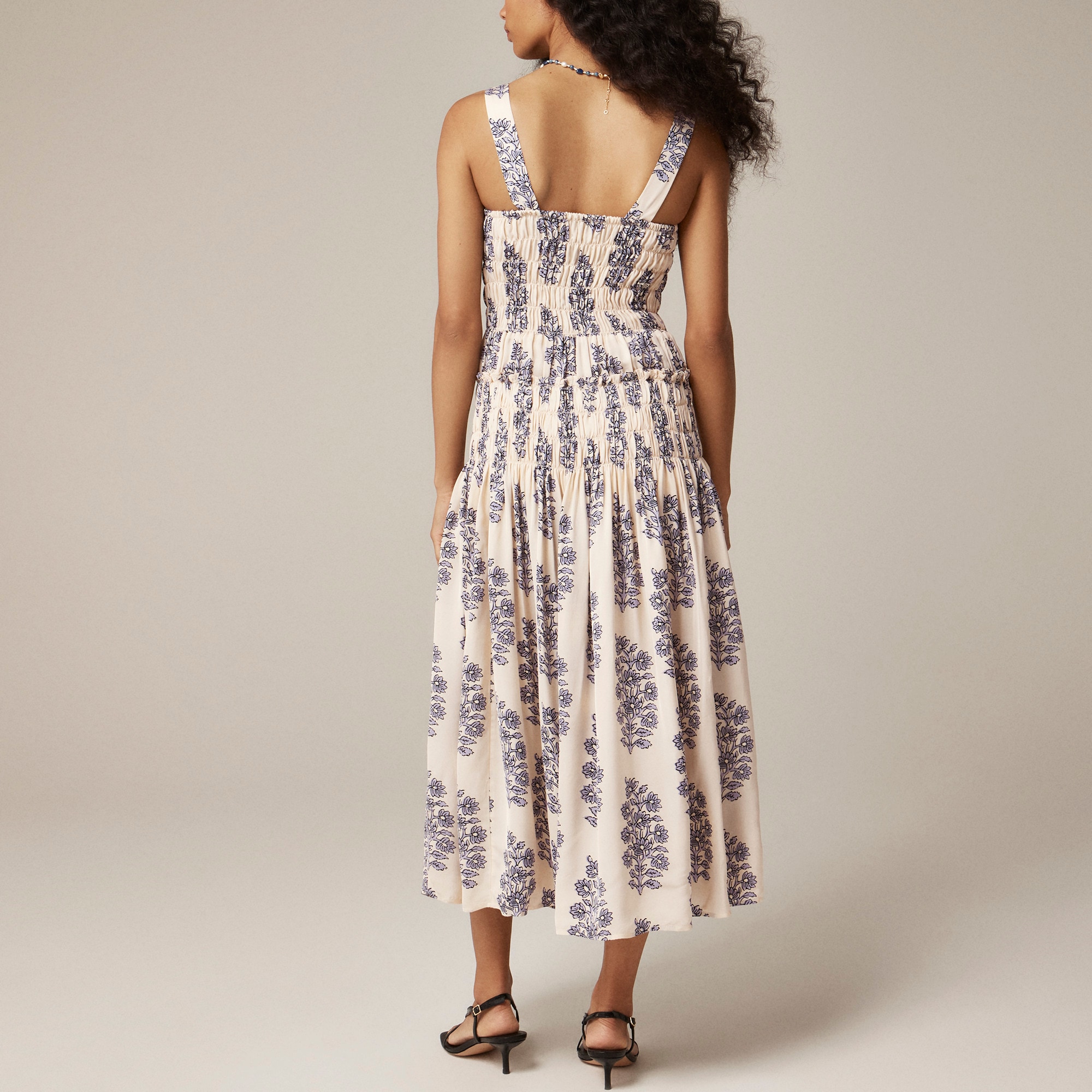 Smocked-bodice midi dress in block print