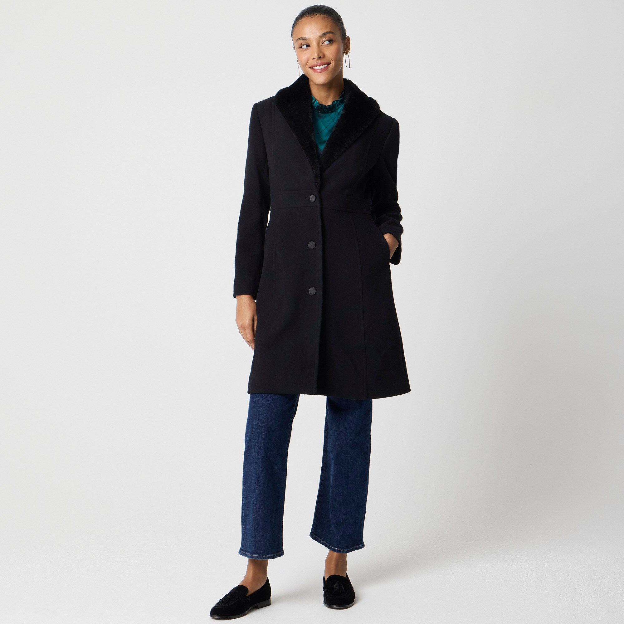 Lady day coat with faux-fur shawl collar