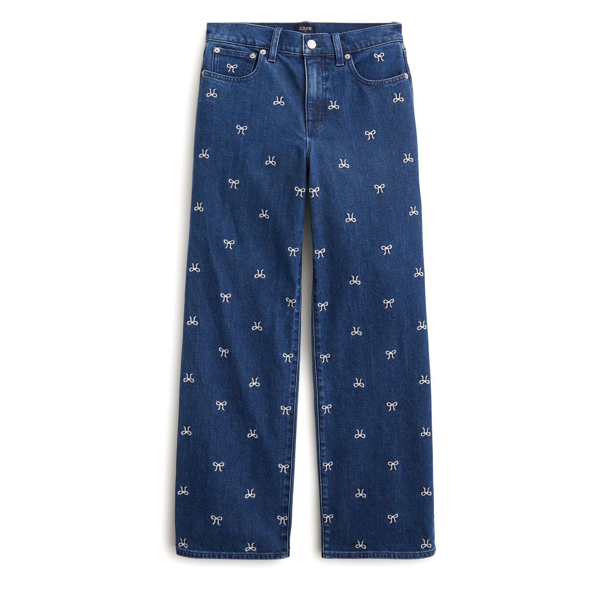 Bow-embroidered slim wide-leg jean in all-day stretch
