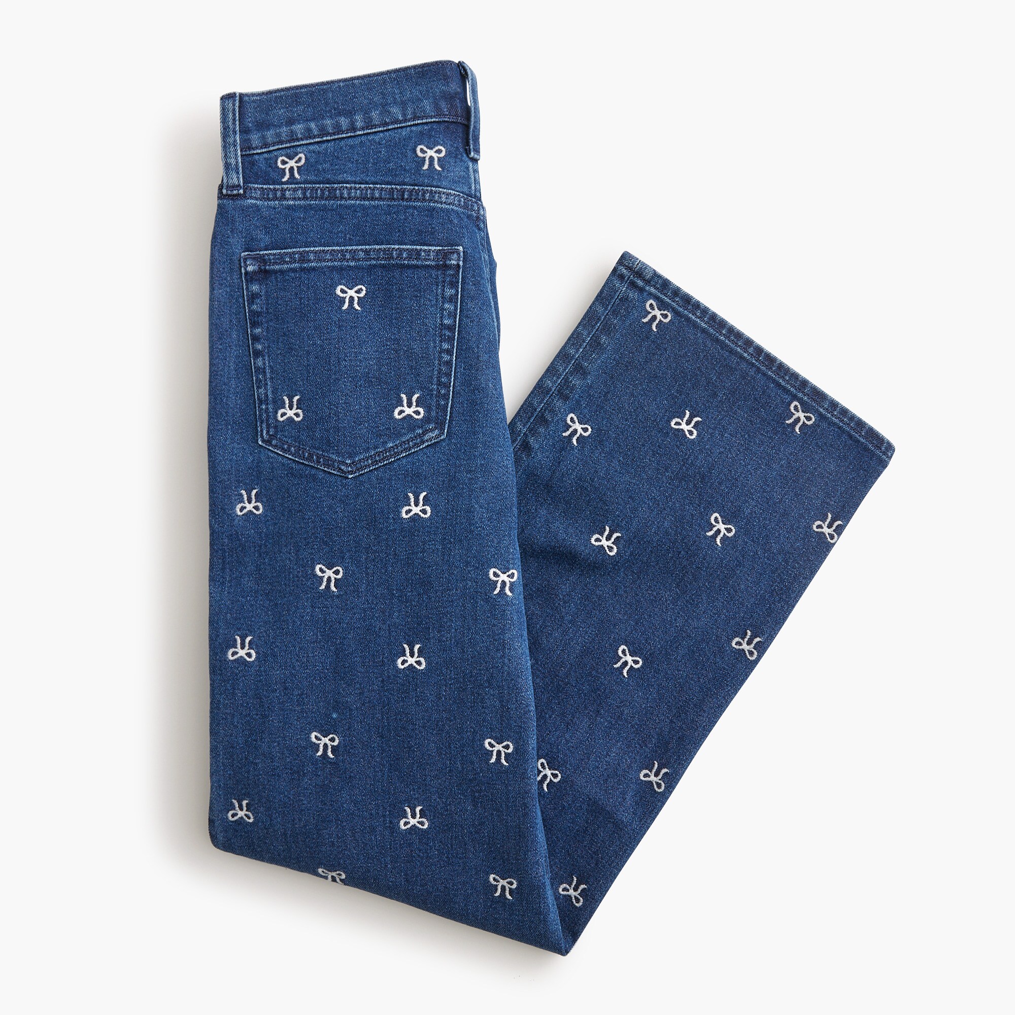 Bow-embroidered slim wide-leg jean in all-day stretch
