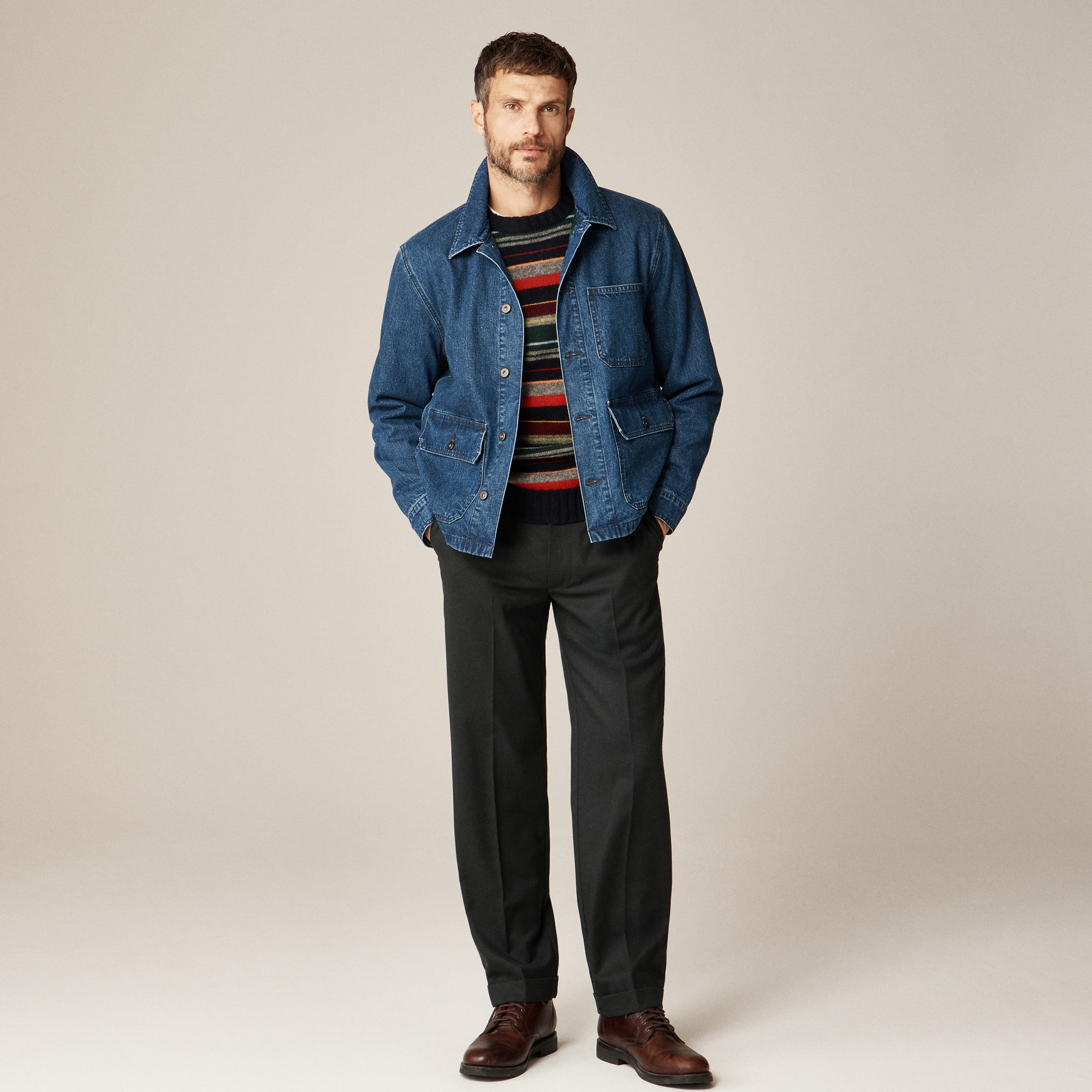 Patch-pocket denim jacket with flannel lining