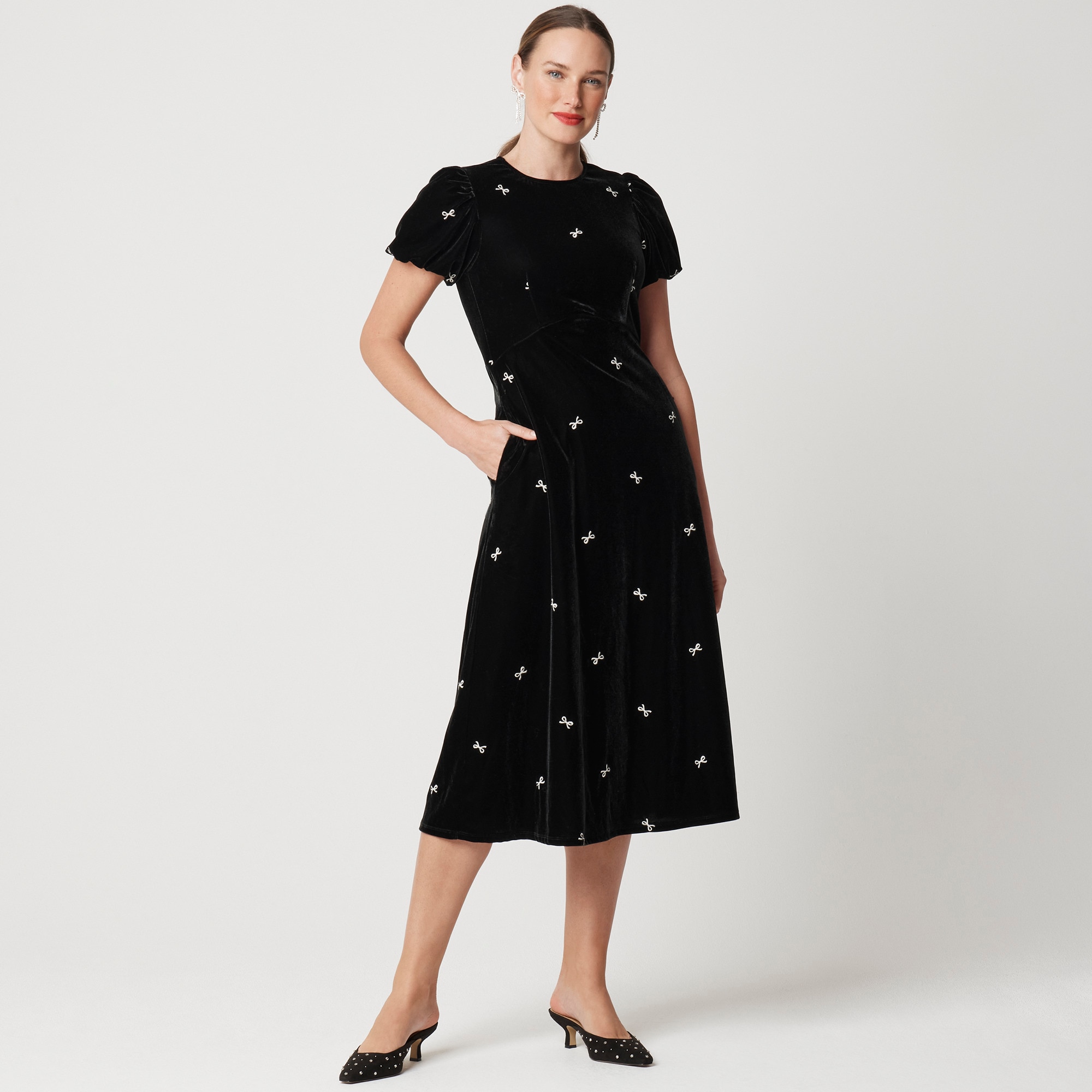 Velvet puff-sleeve midi dress