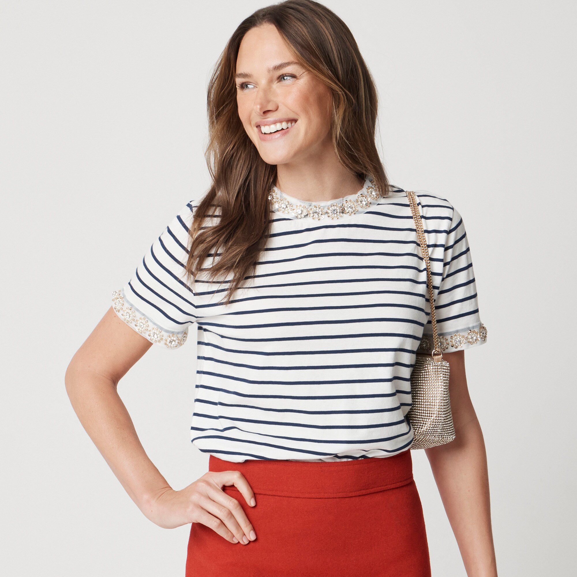 womens Striped embellished-trim tee
