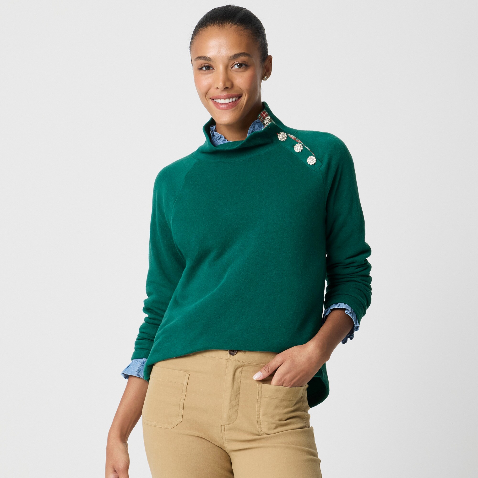 Jewel-button mockneck pullover