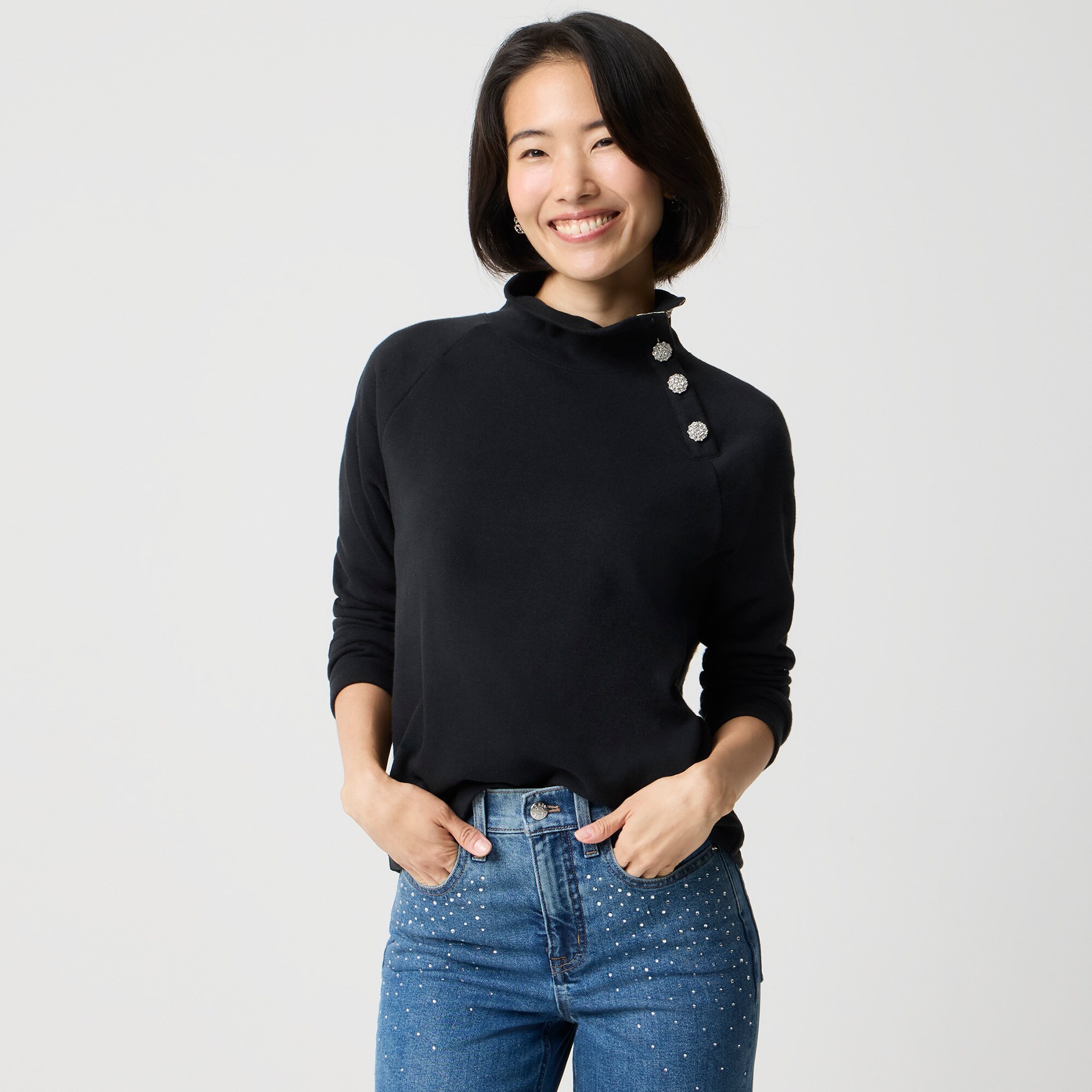 womens Jewel-button mockneck pullover