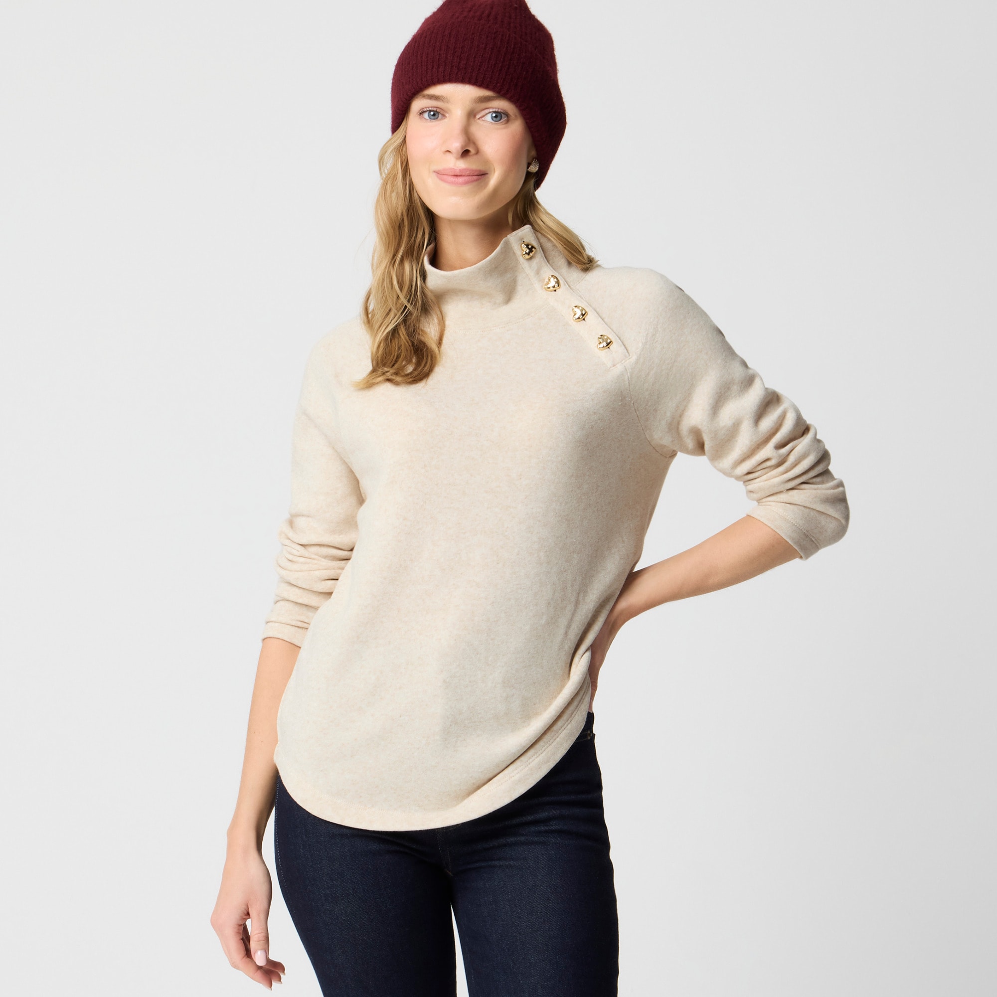 womens Heart-button mockneck pullover