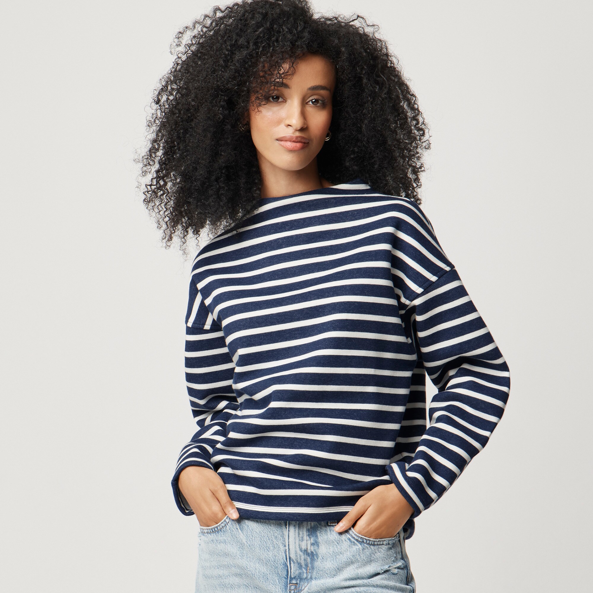 Striped fleece mockneck sweatshirt