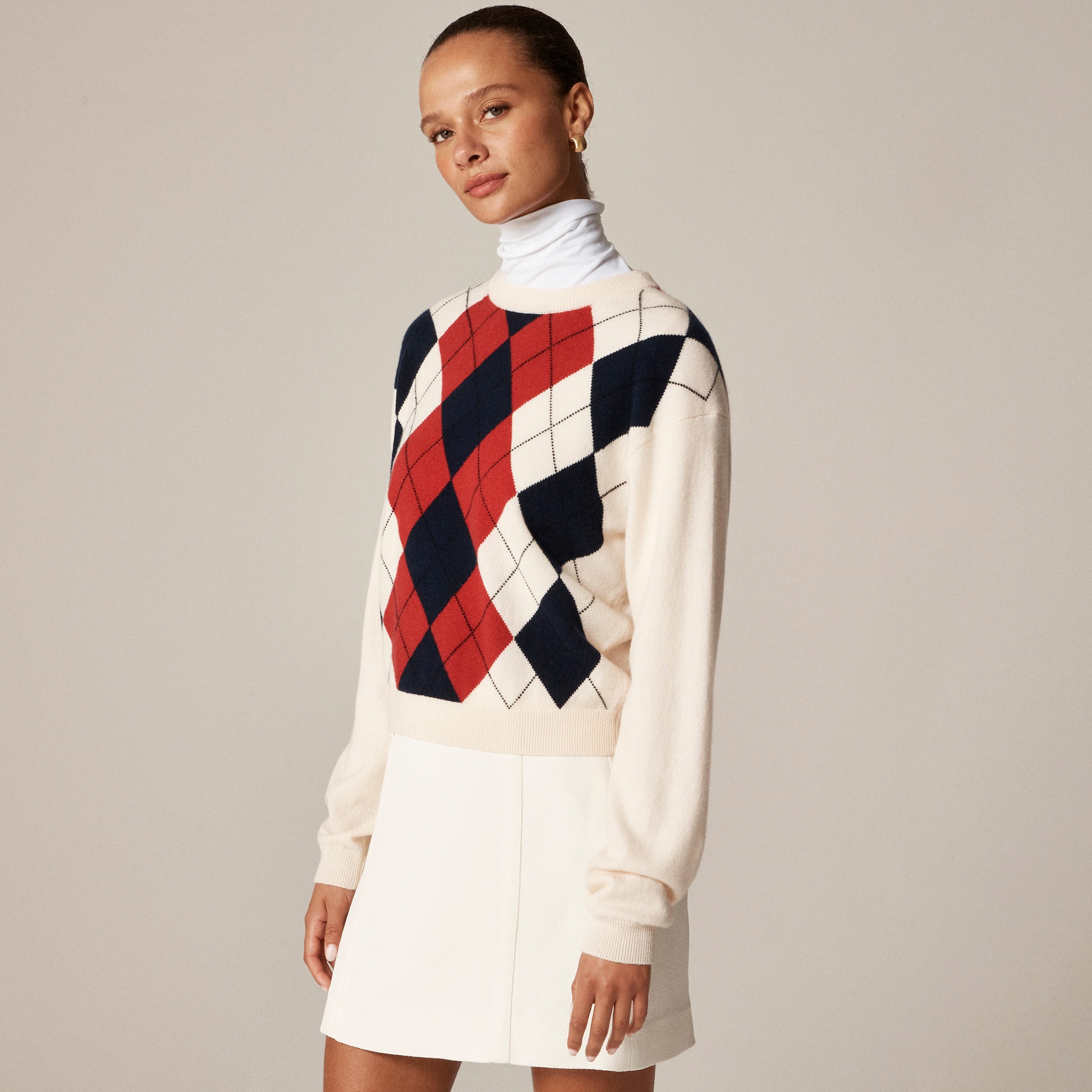 Perfect Cashmere Crewneck Sweater In Argyle For Women | J.Crew