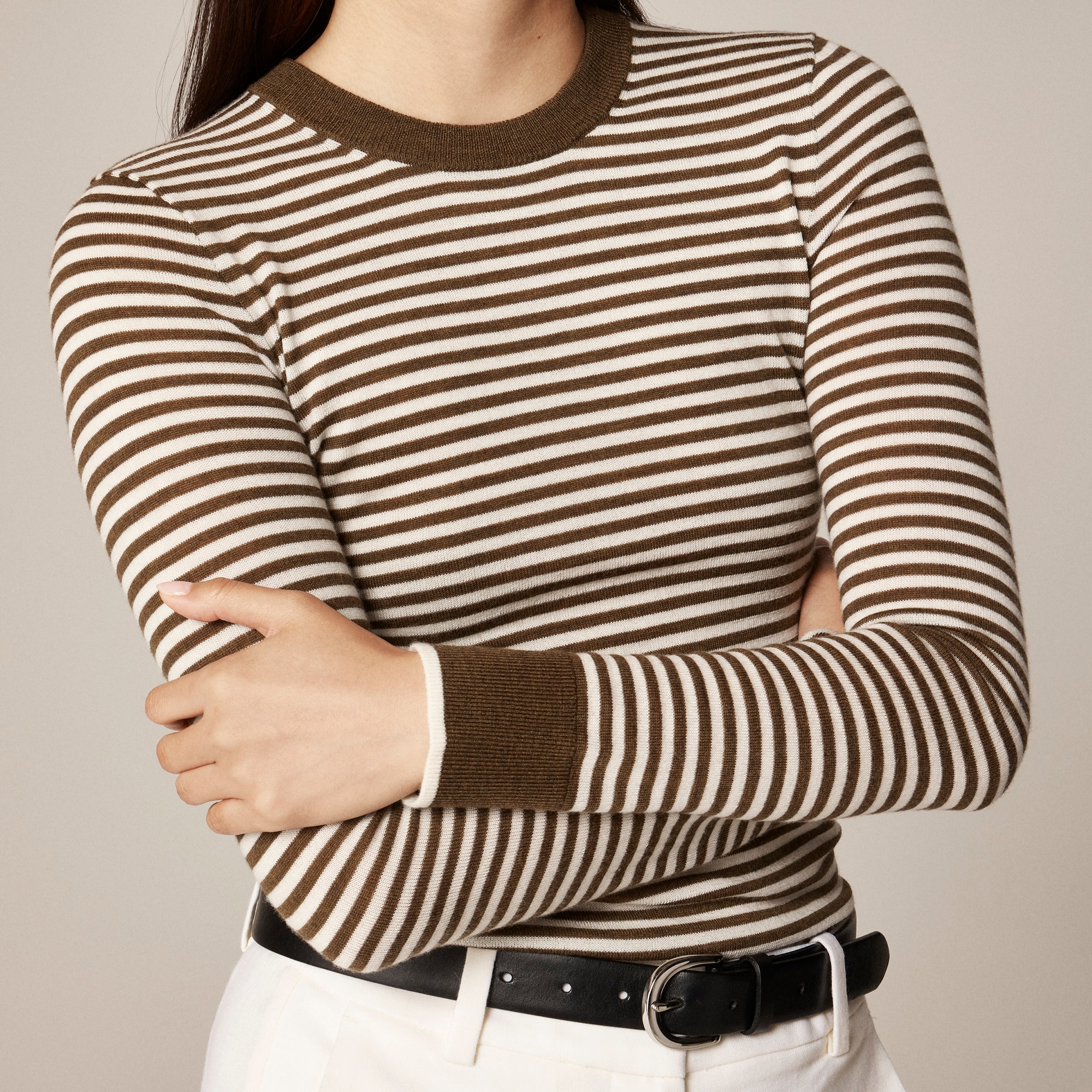 Carolyn Fitted Crewneck Sweater In Striped Merino Wool Blend For