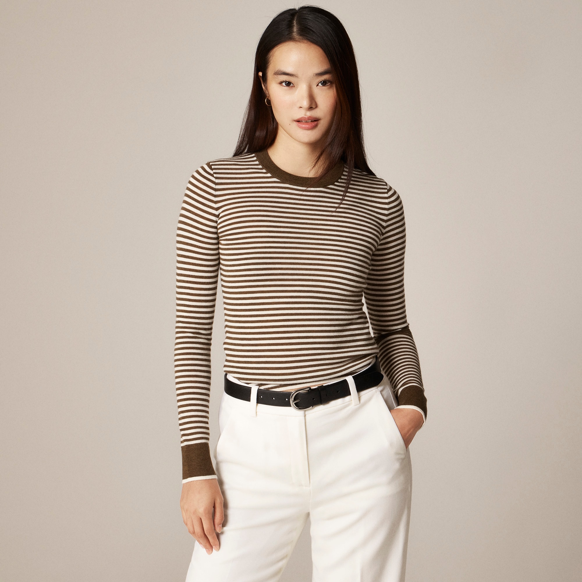 Carolyn Fitted Crewneck Sweater In Striped Merino Wool Blend For