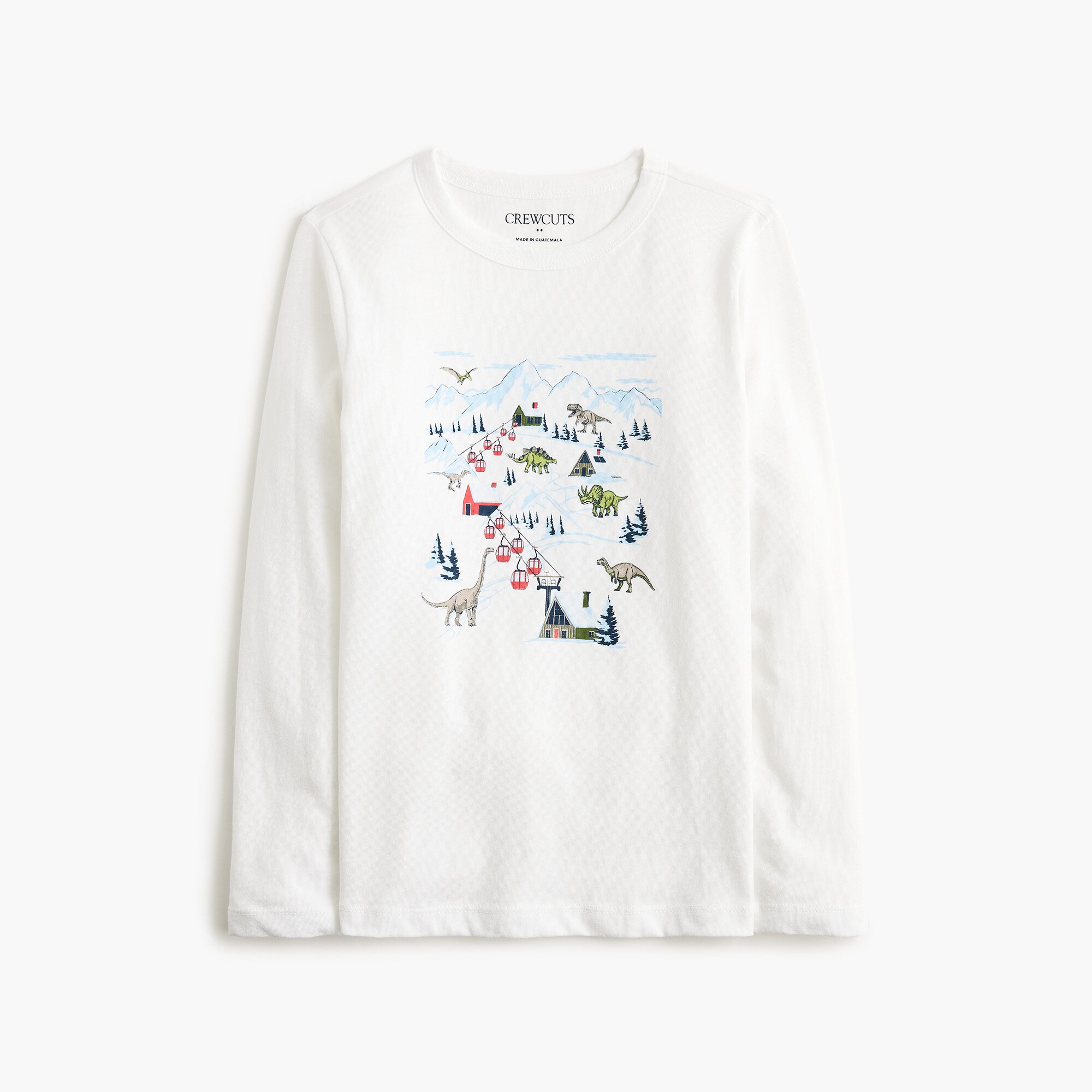 Boys' long-sleeve dinosaur ski village graphic tee