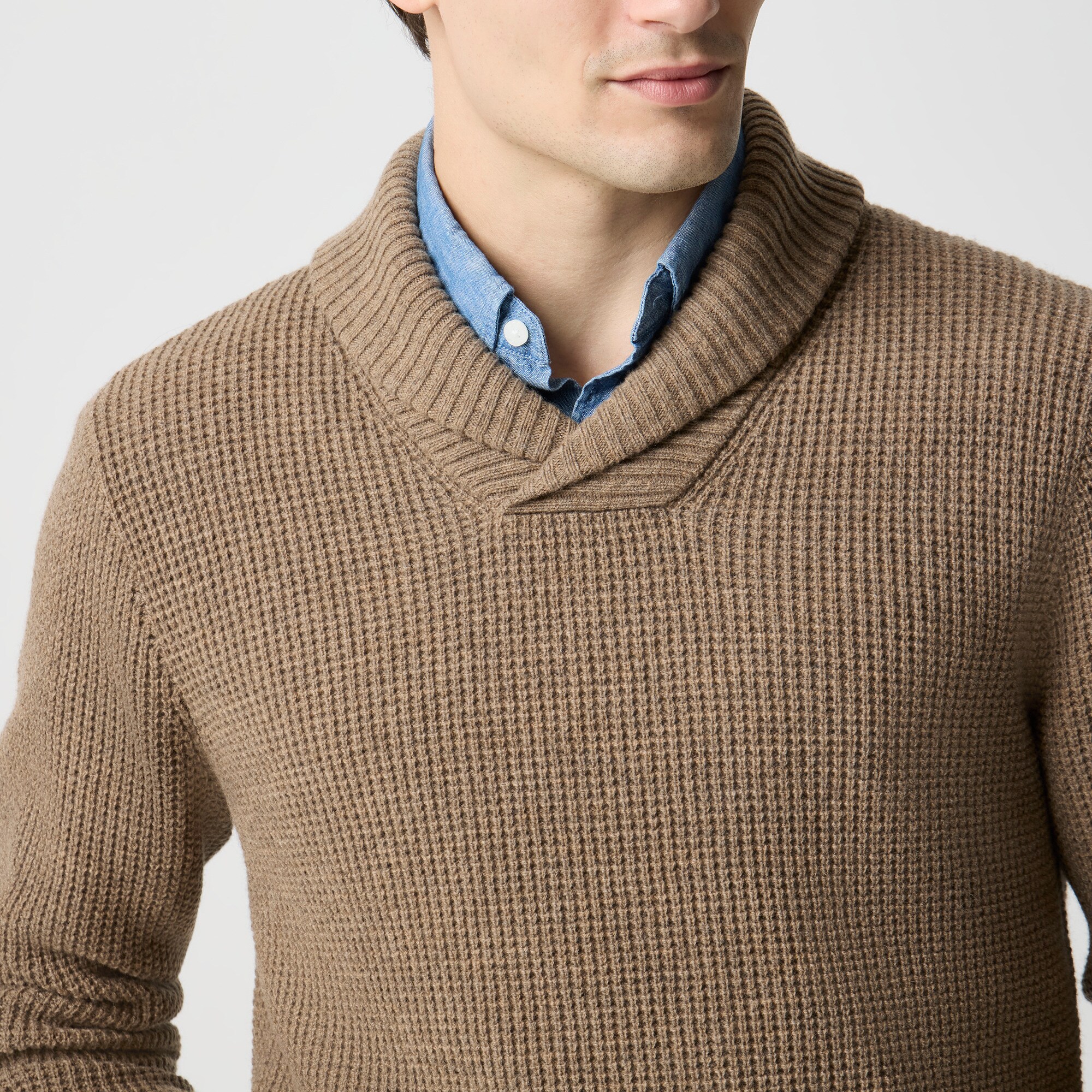 Waffle-stitch shawl-collar sweater