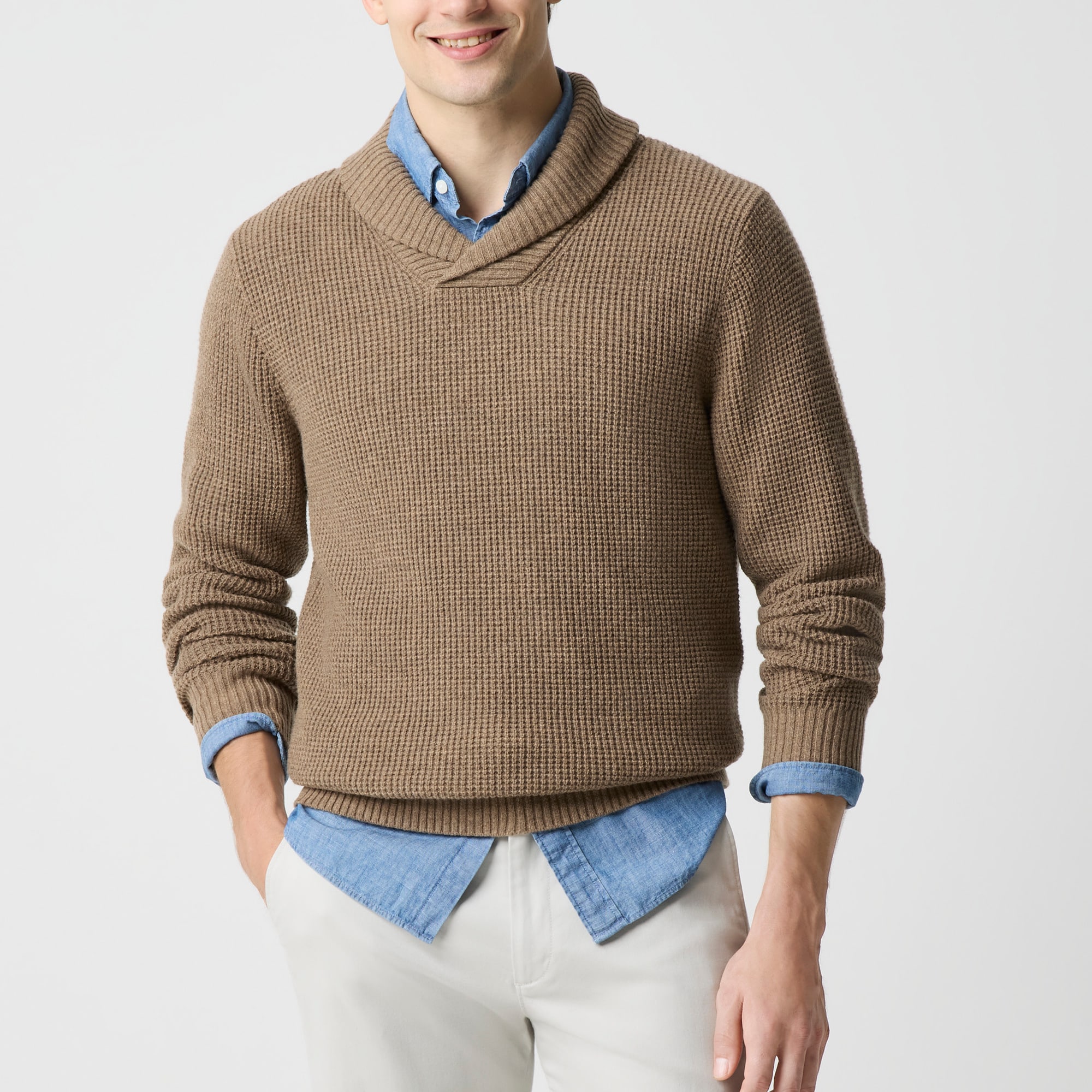 Waffle-stitch shawl-collar sweater