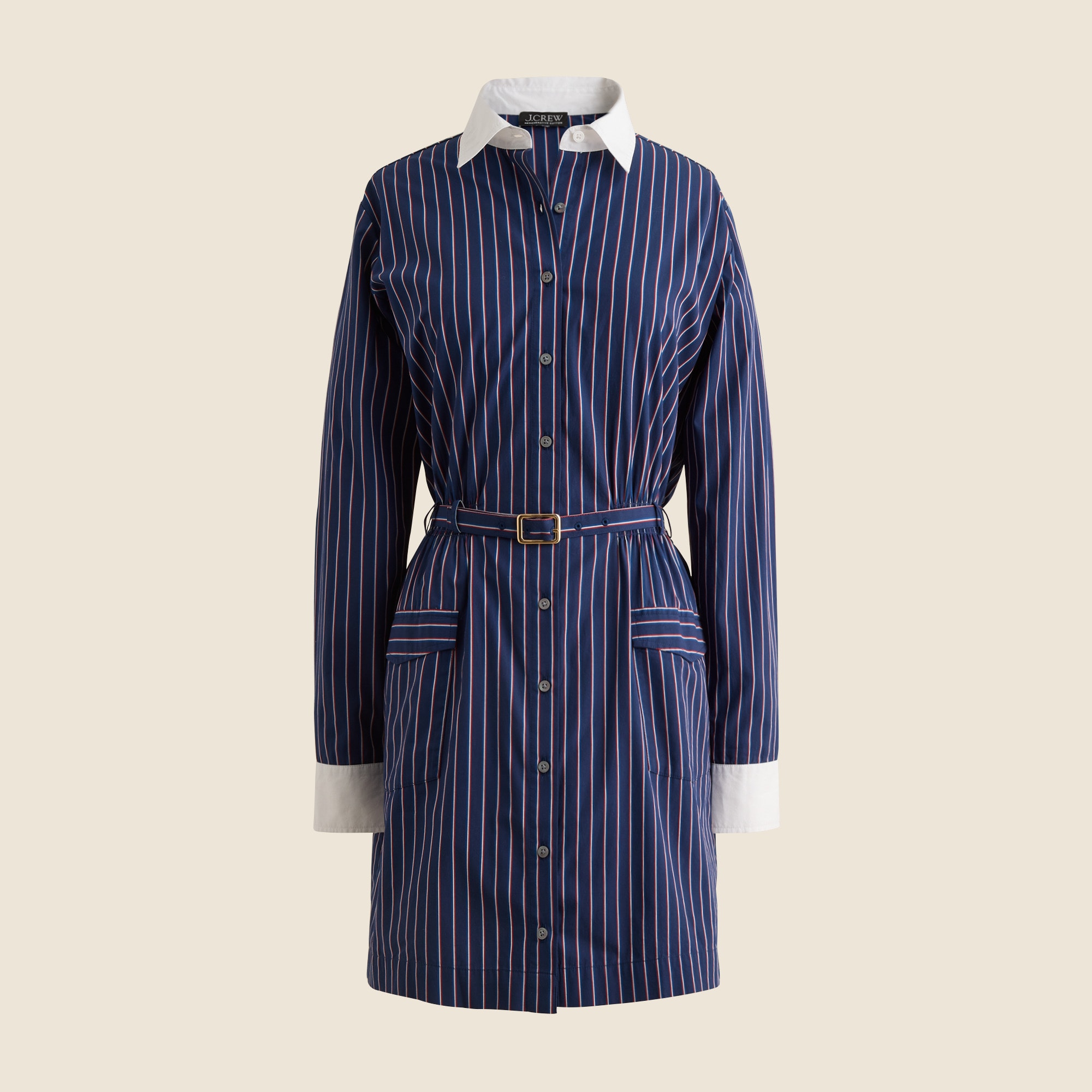 Belted mini shirt-dress in striped cotton poplin from J.Crew - $94