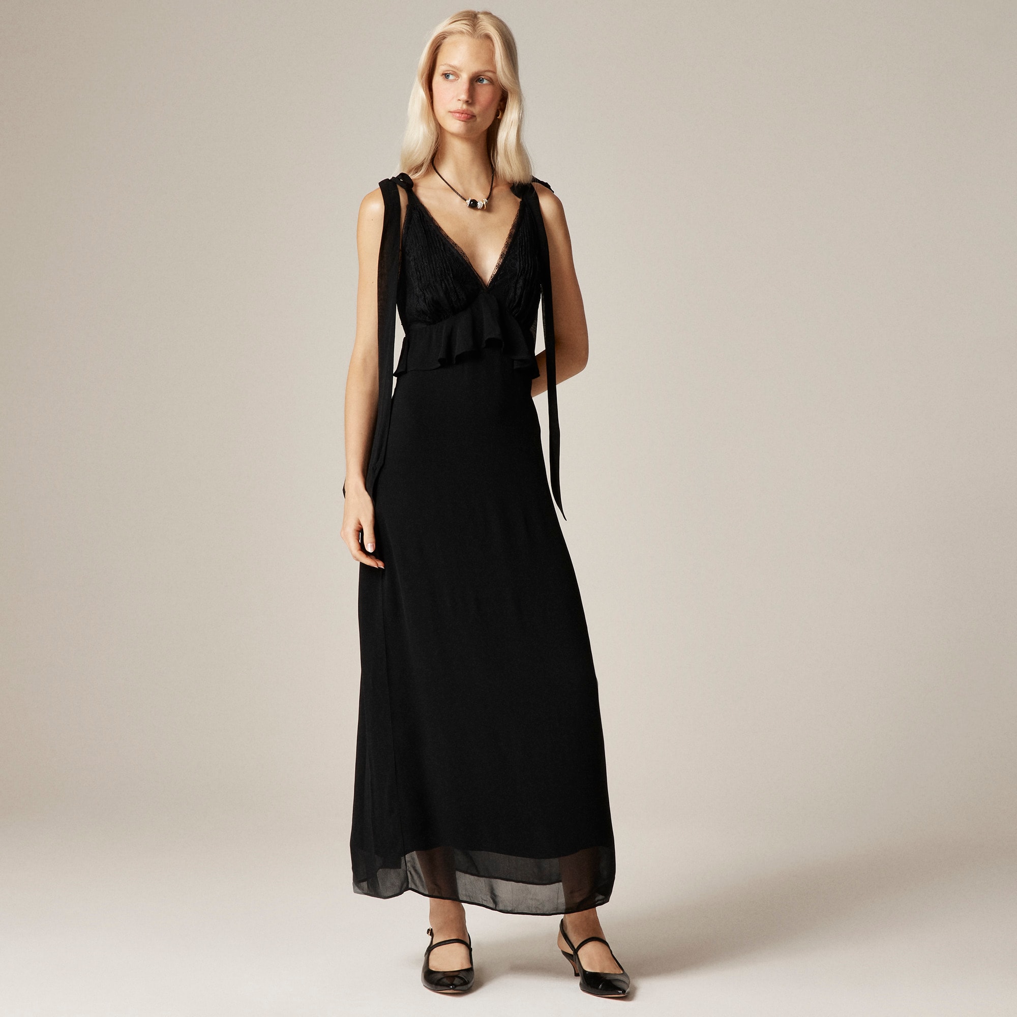 Collection lace and ruffle midi dress in chiffon