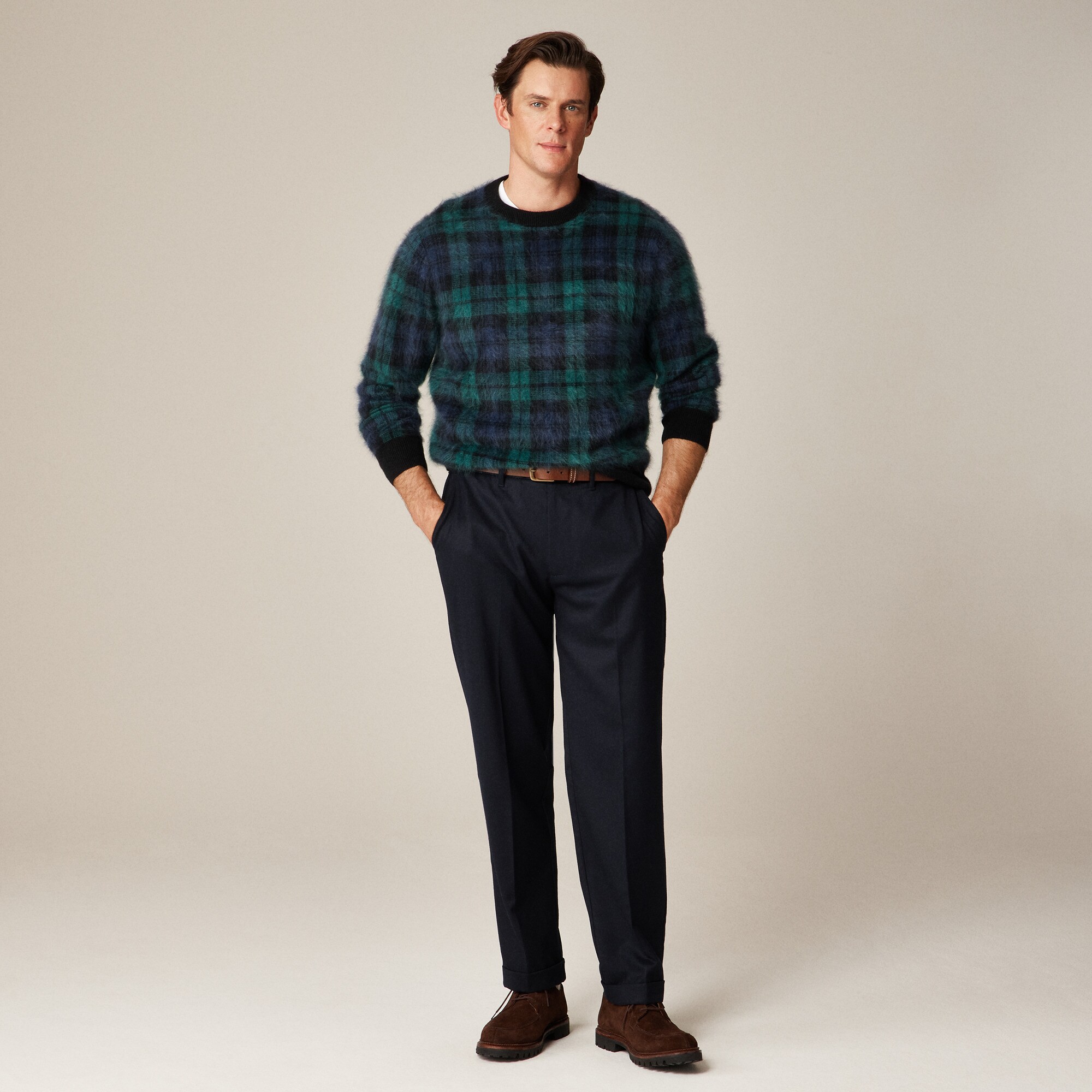Brushed cashmere sweater in Black Watch tartan