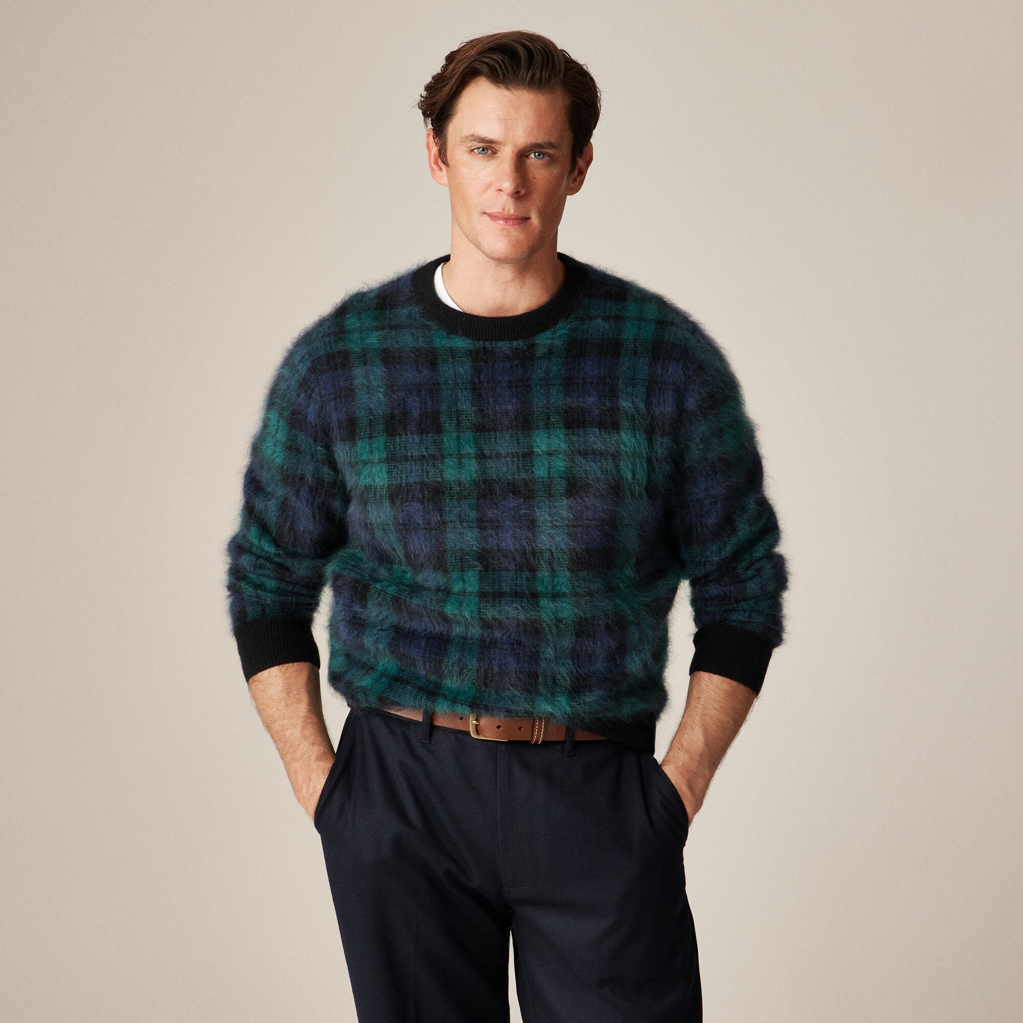 Brushed cashmere sweater in Black Watch tartan