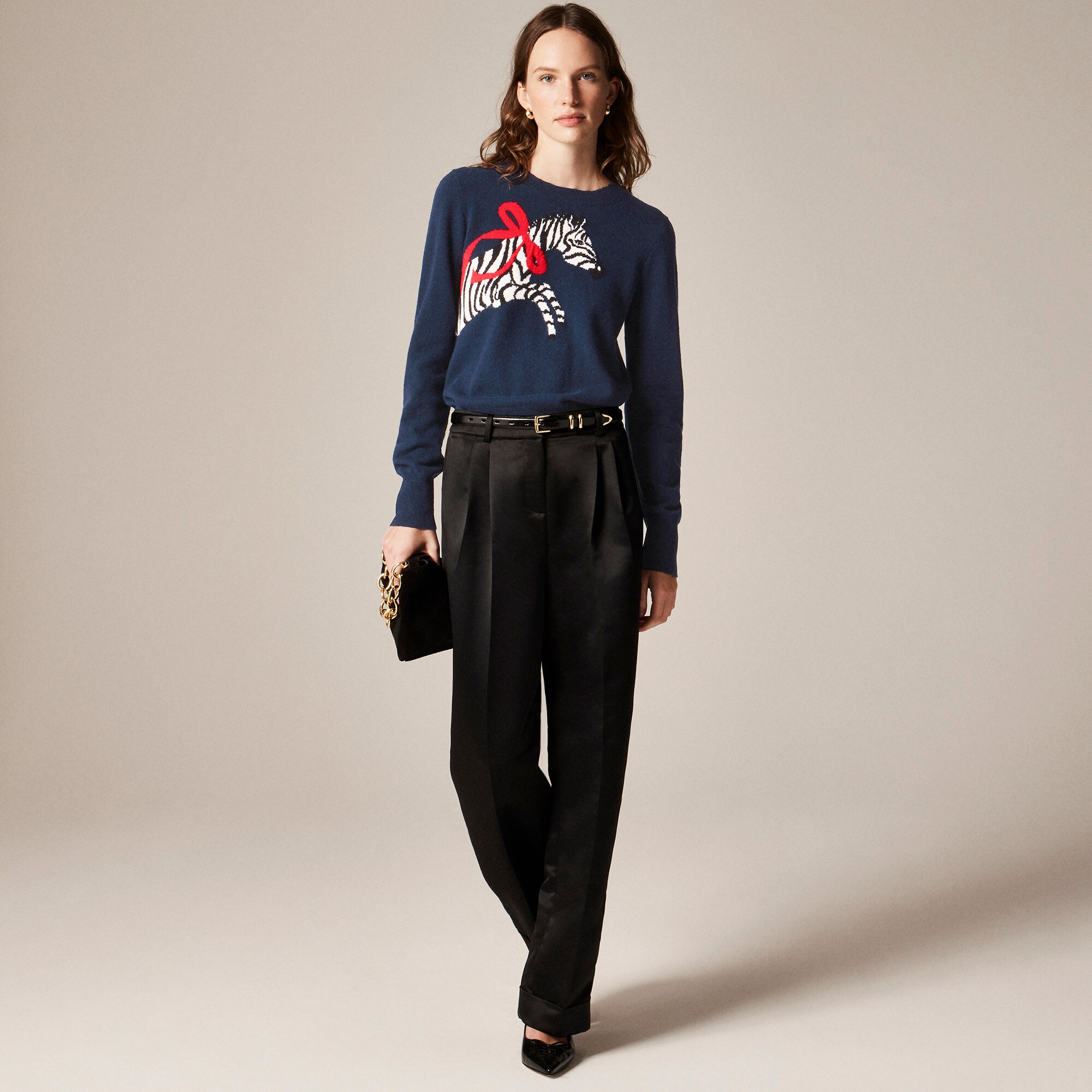 Cashmere classic-fit crewneck sweater in zebra intarsia