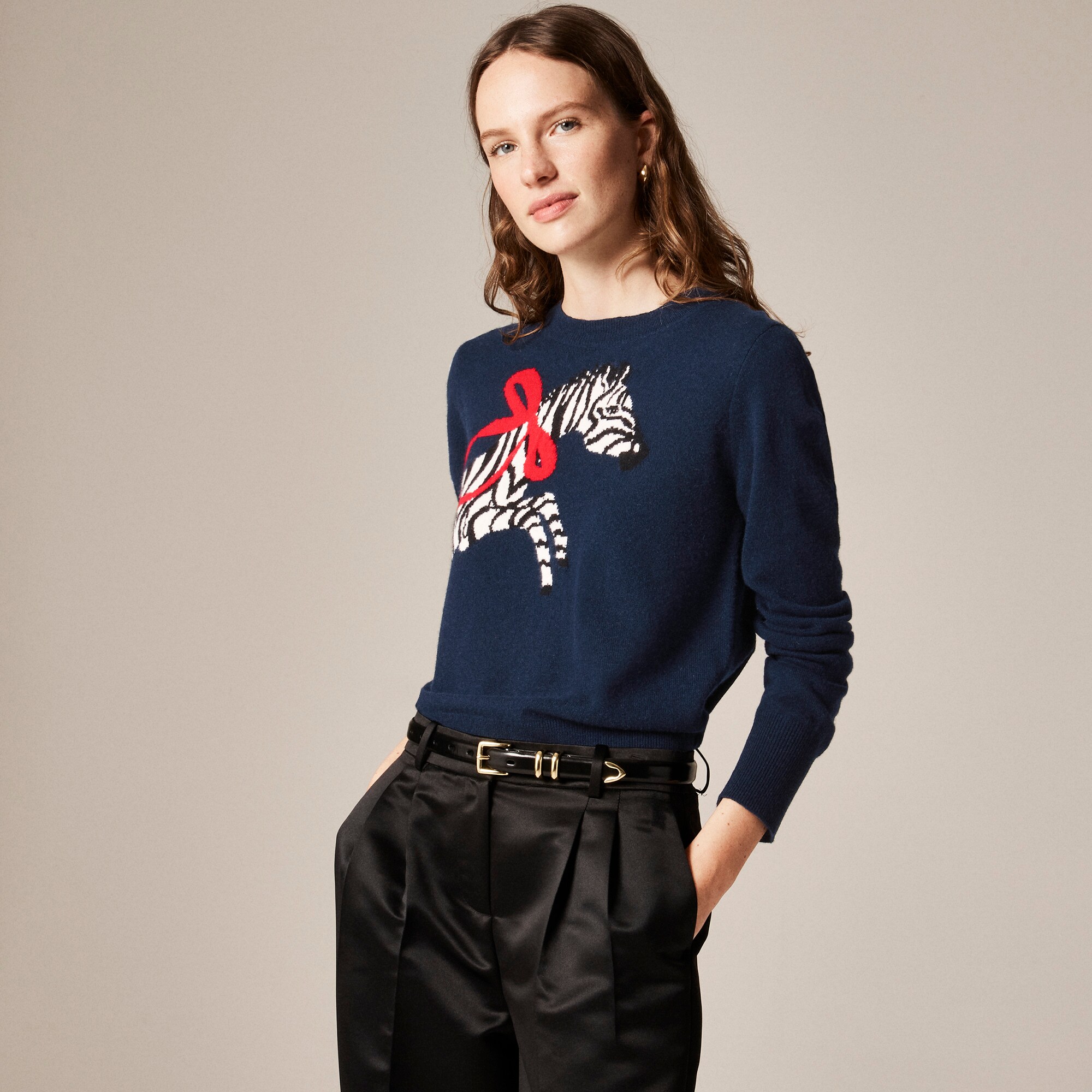 Cashmere Classic-fit Crewneck Sweater In Zebra Intarsia For Women